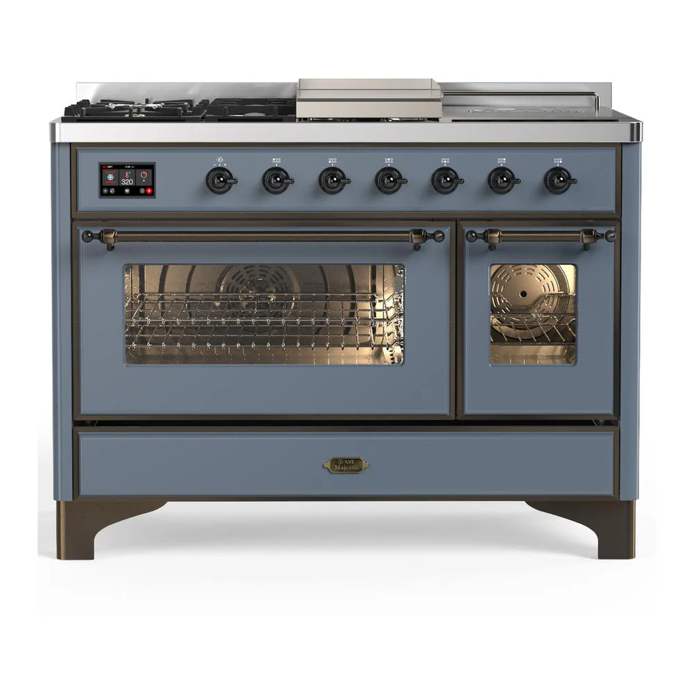 Ilve UM48FSNR3BGBLP Ilve Um48Fsnr3Bgblp Majestic Iii 48 Inch Dual Fuel Range With 5 Black Brass Burners, Griddle And French Top, Dual Function Burner Up To 25,000 Btu (Liquid Propane, Triple Glass Door, Blue Grey, Burnished)