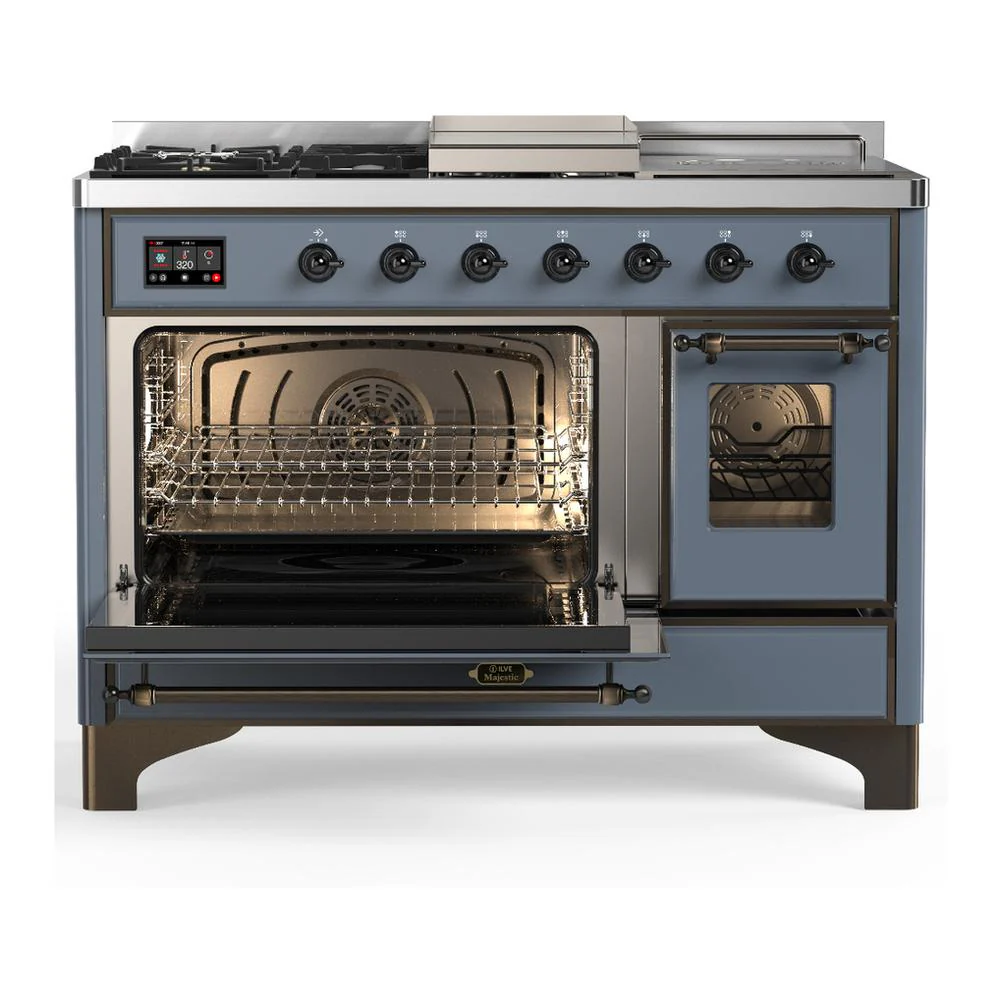 Ilve UM48FSNR3BGBLP Ilve Um48Fsnr3Bgblp Majestic Iii 48 Inch Dual Fuel Range With 5 Black Brass Burners, Griddle And French Top, Dual Function Burner Up To 25,000 Btu (Liquid Propane, Triple Glass Door, Blue Grey, Burnished) - Image 3