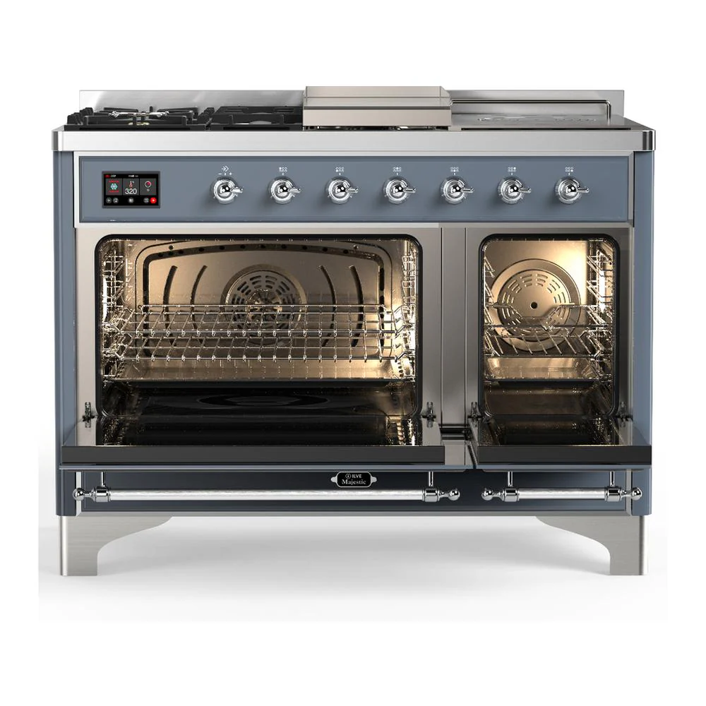 Ilve UM48FSNR3BGCLP Ilve Um48Fsnr3Bgclp Majestic Iii 48 Inch Dual Fuel Range With 5 Black Brass Burners, Griddle And French Top, Dual Function Burner Up To 25,000 Btu (Liquid Propane, Triple Glass Door, Blue Grey, Chrome) - Image 2