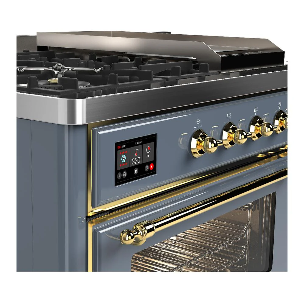 Ilve UM48FSNR3BGG Ilve Um48Fsnr3Bgg Majestic Iii 48 Inch Dual Fuel Range With 5 Black Brass Burners, Griddle And French Top, Dual Function Burner Up To 25,000 Btu (Natural Gas, Triple Glass Door, Blue Grey, Brass) - Image 7