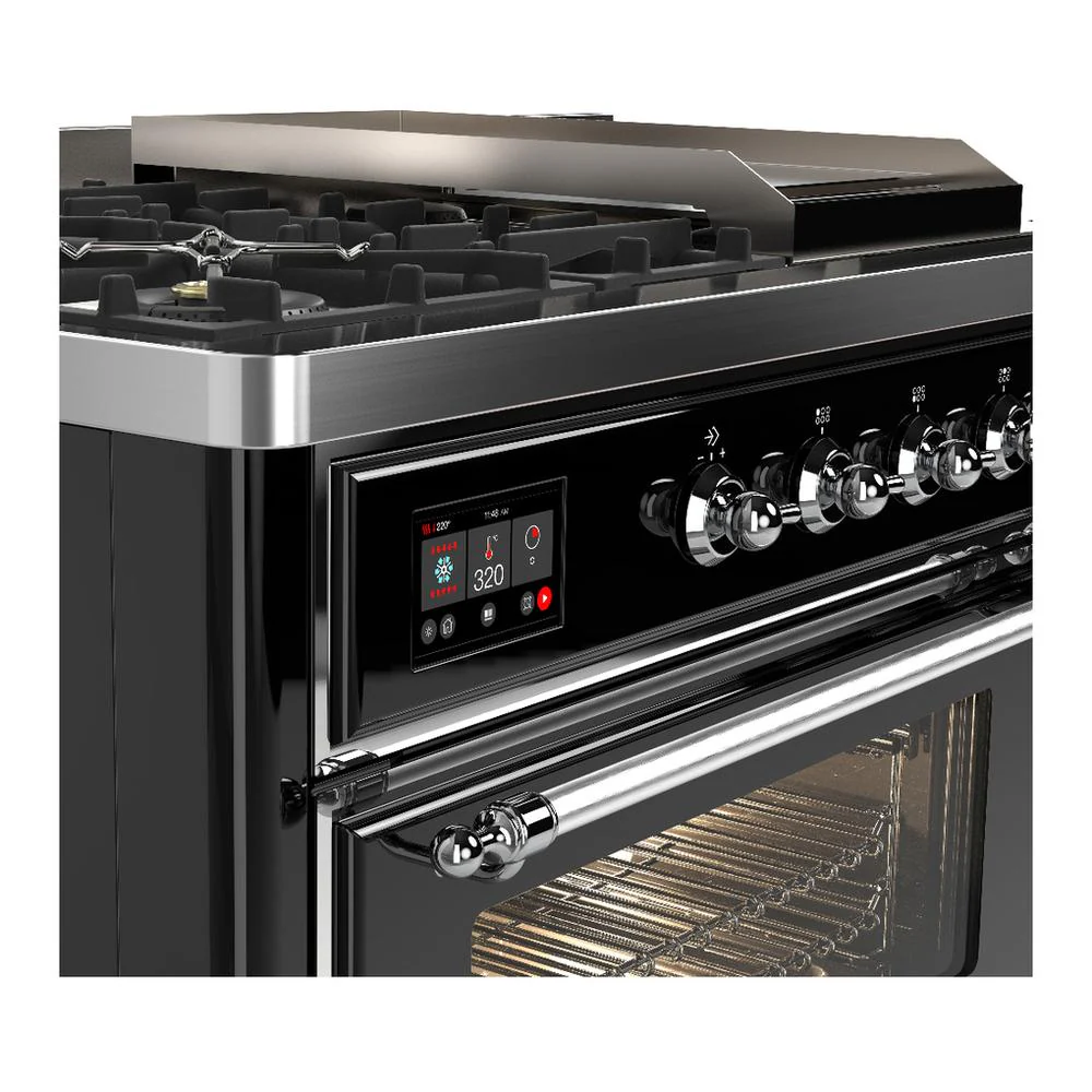 Ilve UM48FSNR3BKCLP Ilve Um48Fsnr3Bkclp Majestic Iii 48 Inch Dual Fuel Range With 5 Black Brass Burners, Griddle And French Top, Dual Function Burner Up To 25,000 Btu (Liquid Propane, Triple Glass Door, Glossy Black, Chrome) - Image 7