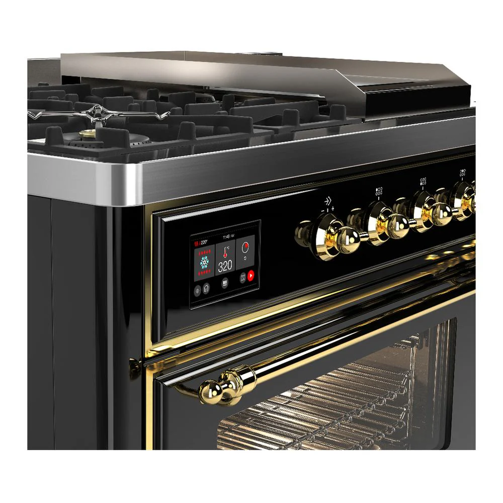 Ilve UM48FSNR3BKGLP Ilve Um48Fsnr3Bkglp Majestic Iii 48 Inch Dual Fuel Range With 5 Black Brass Burners, Griddle And French Top, Dual Function Burner Up To 25,000 Btu (Liquid Propane, Triple Glass Door, Glossy Black, Brass) - Image 7