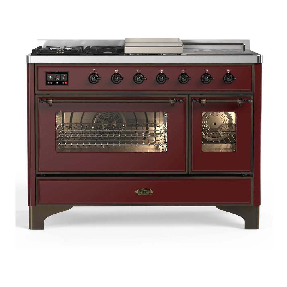 Ilve UM48FSNR3BUBLP Ilve Um48Fsnr3Bublp Majestic Iii 48 Inch Dual Fuel Range With 5 Black Brass Burners, Griddle And French Top, Dual Function Burner Up To 25,000 Btu (Liquid Propane, Triple Glass Door, Burgundy, Burnished)