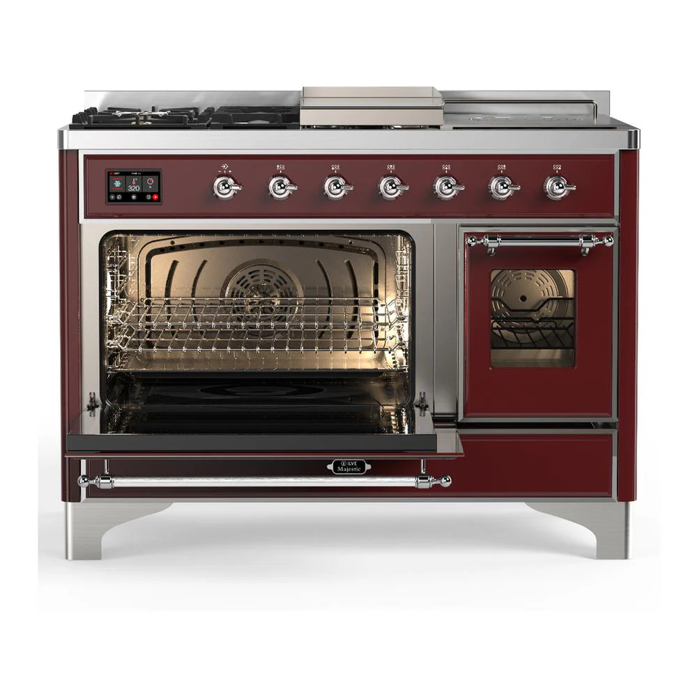 Ilve UM48FSNR3BUCLP Ilve Um48Fsnr3Buclp Majestic Iii 48 Inch Dual Fuel Range With 5 Black Brass Burners, Griddle And French Top, Dual Function Burner Up To 25,000 Btu (Liquid Propane, Triple Glass Door, Burgundy, Chrome) - Image 3