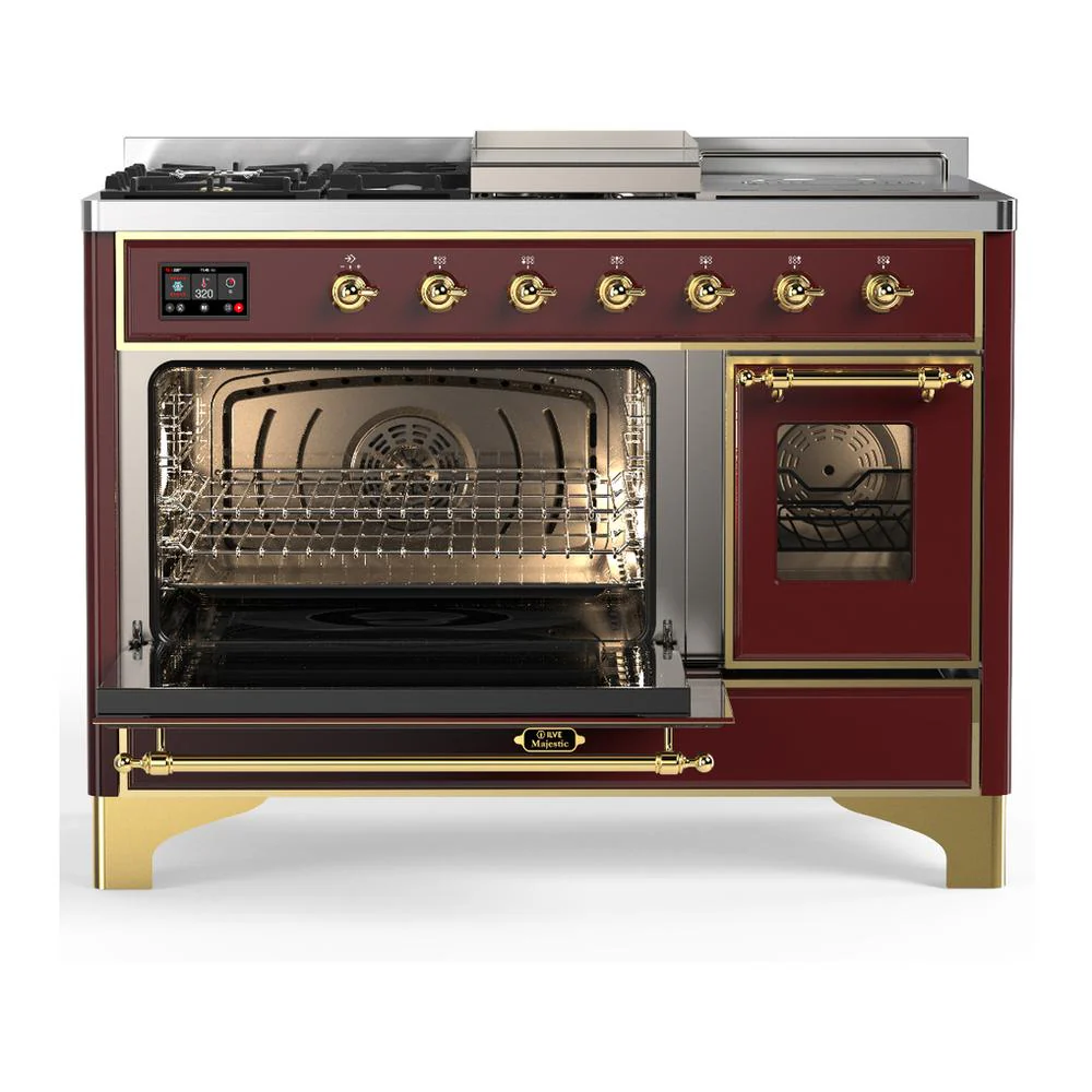 Ilve UM48FSNR3BUGLP Ilve Um48Fsnr3Buglp Majestic Iii 48 Inch Dual Fuel Range With 5 Black Brass Burners, Griddle And French Top, Dual Function Burner Up To 25,000 Btu (Liquid Propane, Triple Glass Door, Burgundy, Brass) - Image 3