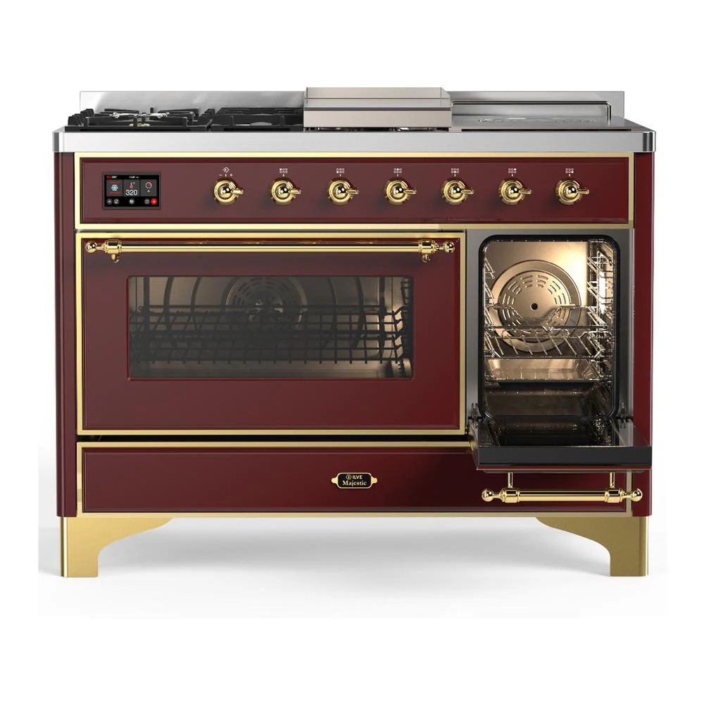 Ilve UM48FSNR3BUGLP Ilve Um48Fsnr3Buglp Majestic Iii 48 Inch Dual Fuel Range With 5 Black Brass Burners, Griddle And French Top, Dual Function Burner Up To 25,000 Btu (Liquid Propane, Triple Glass Door, Burgundy, Brass) - Image 4
