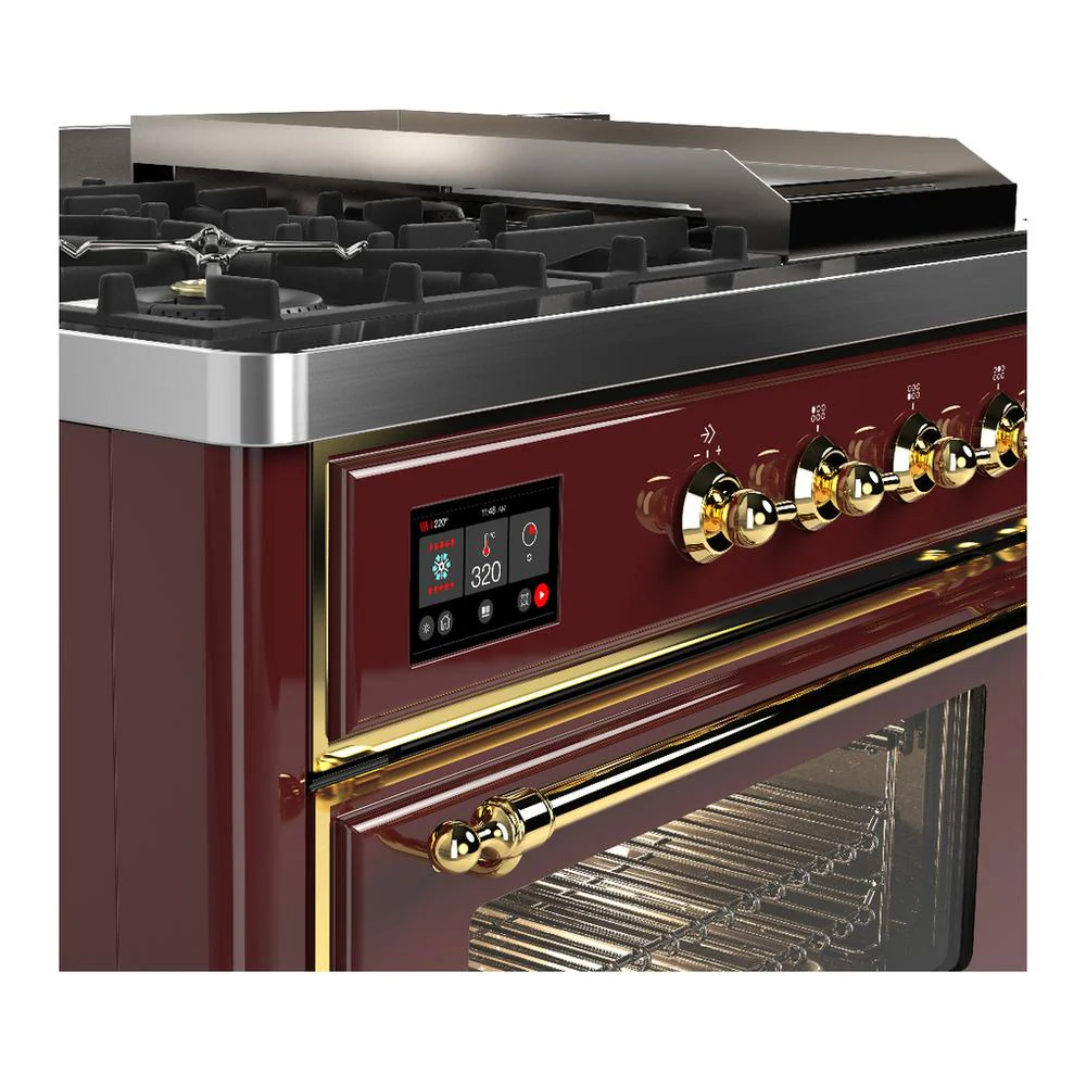 Ilve UM48FSNR3BUGLP Ilve Um48Fsnr3Buglp Majestic Iii 48 Inch Dual Fuel Range With 5 Black Brass Burners, Griddle And French Top, Dual Function Burner Up To 25,000 Btu (Liquid Propane, Triple Glass Door, Burgundy, Brass) - Image 7