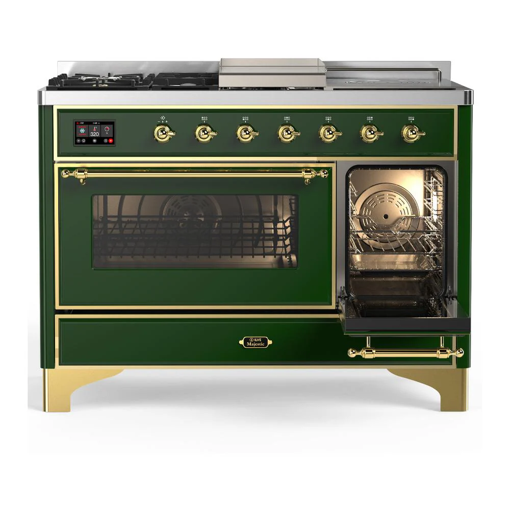 Ilve UM48FSNR3EGG Ilve Um48Fsnr3Egg Majestic Iii 48 Inch Dual Fuel Range With 5 Black Brass Burners, Griddle And French Top, Dual Function Burner Up To 25,000 Btu (Natural Gas, Triple Glass Door, Emerald Green, Brass) - Image 4