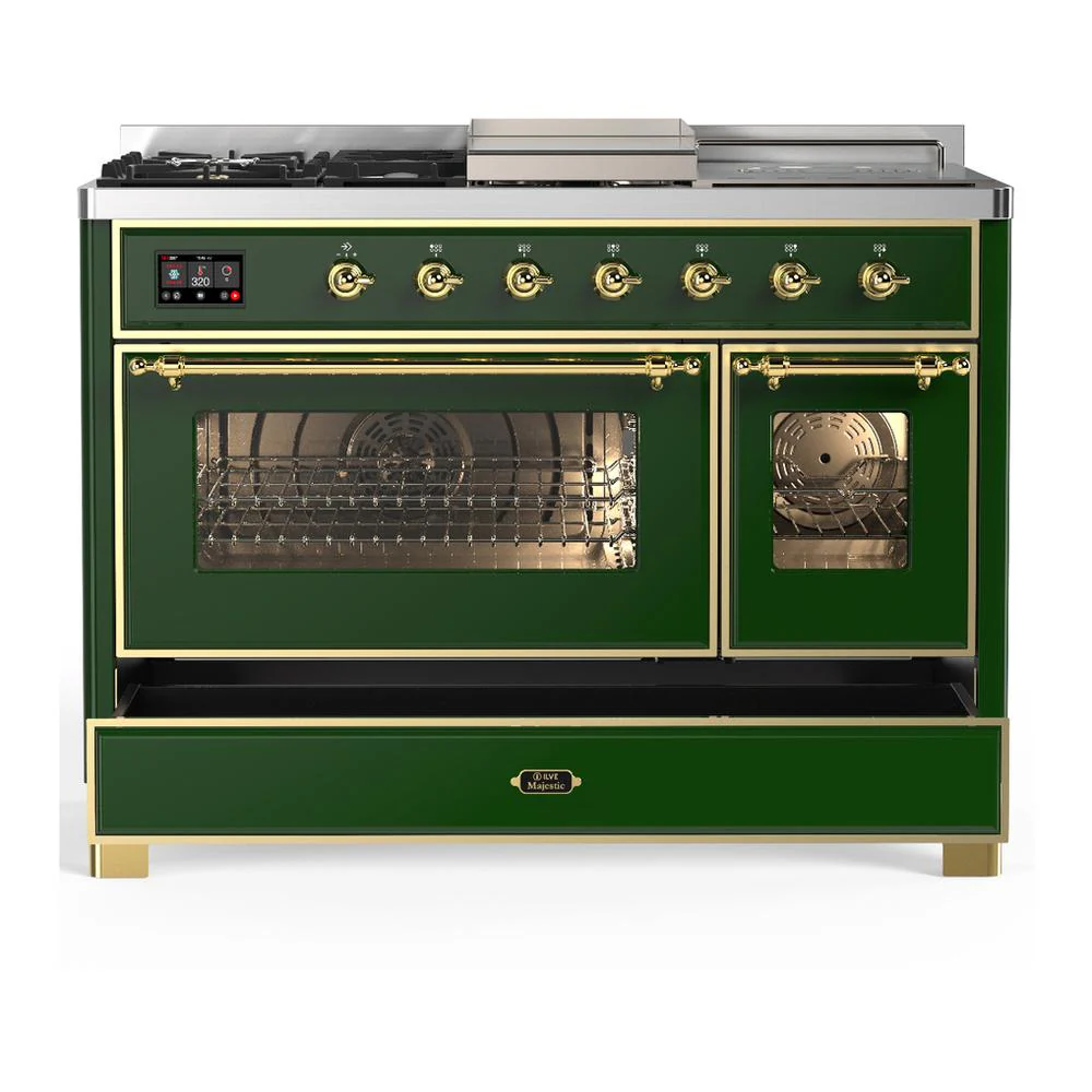 Ilve UM48FSNR3EGGLP Ilve Um48Fsnr3Egglp Majestic Iii 48 Inch Dual Fuel Range With 5 Black Brass Burners, Griddle And French Top, Dual Function Burner Up To 25,000 Btu (Liquid Propane, Triple Glass Door, Emerald Green, Brass) - Image 5