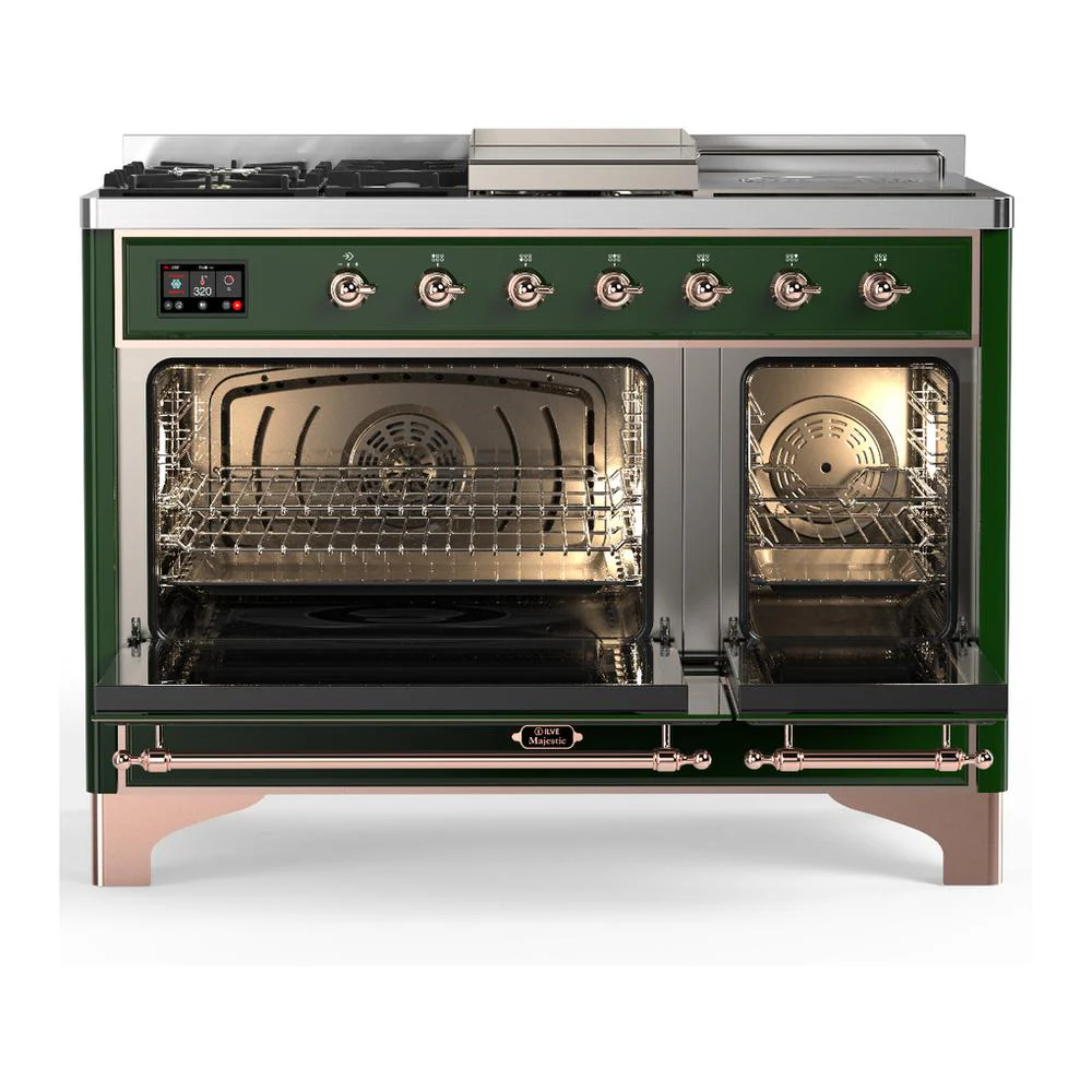 Ilve UM48FSNR3EGP Ilve Um48Fsnr3Egp Majestic Iii 48 Inch Dual Fuel Range With 5 Black Brass Burners, Griddle And French Top, Dual Function Burner Up To 25,000 Btu (Natural Gas, Triple Glass Door, Emerald Green, Copper) - Image 2