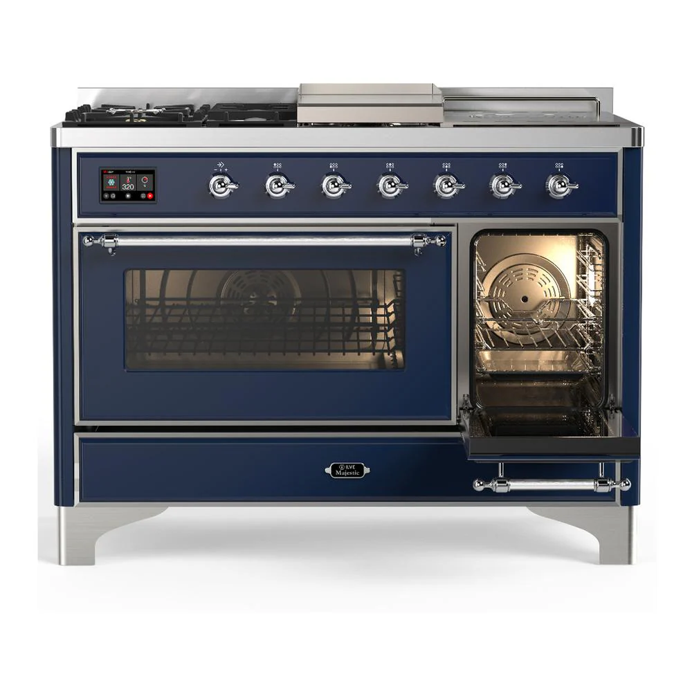 Ilve UM48FSNR3MBC Ilve Um48Fsnr3Mbc Majestic Iii 48 Inch Dual Fuel Range With 5 Black Brass Burners, Griddle And French Top, Dual Function Burner Up To 25,000 Btu (Natural Gas, Triple Glass Door, Midnight Blue, Chrome) - Image 4