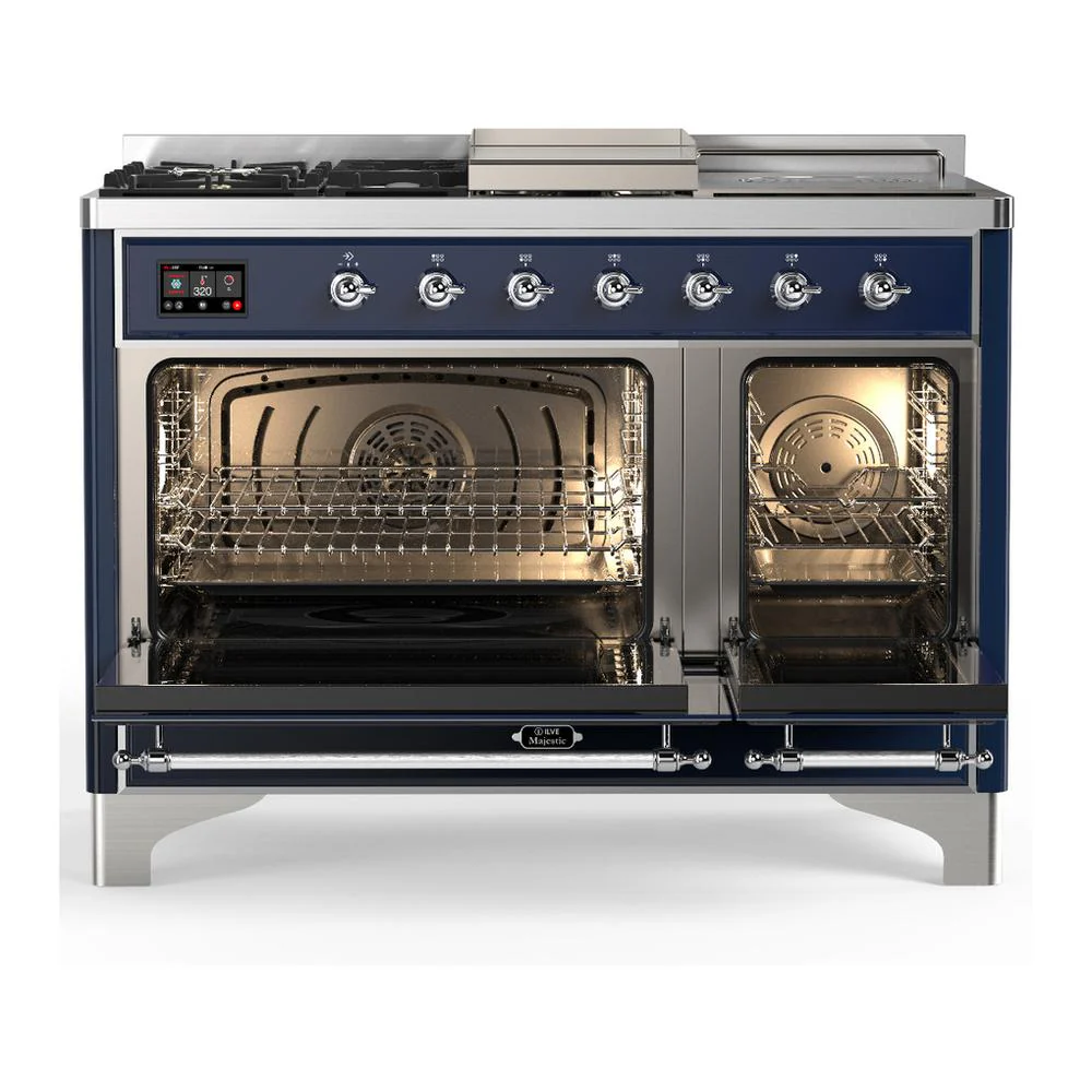 Ilve UM48FSNR3MBCLP Ilve Um48Fsnr3Mbclp Majestic Iii 48 Inch Dual Fuel Range With 5 Black Brass Burners, Griddle And French Top, Dual Function Burner Up To 25,000 Btu (Liquid Propane, Triple Glass Door, Midnight Blue, Chrome) - Image 2