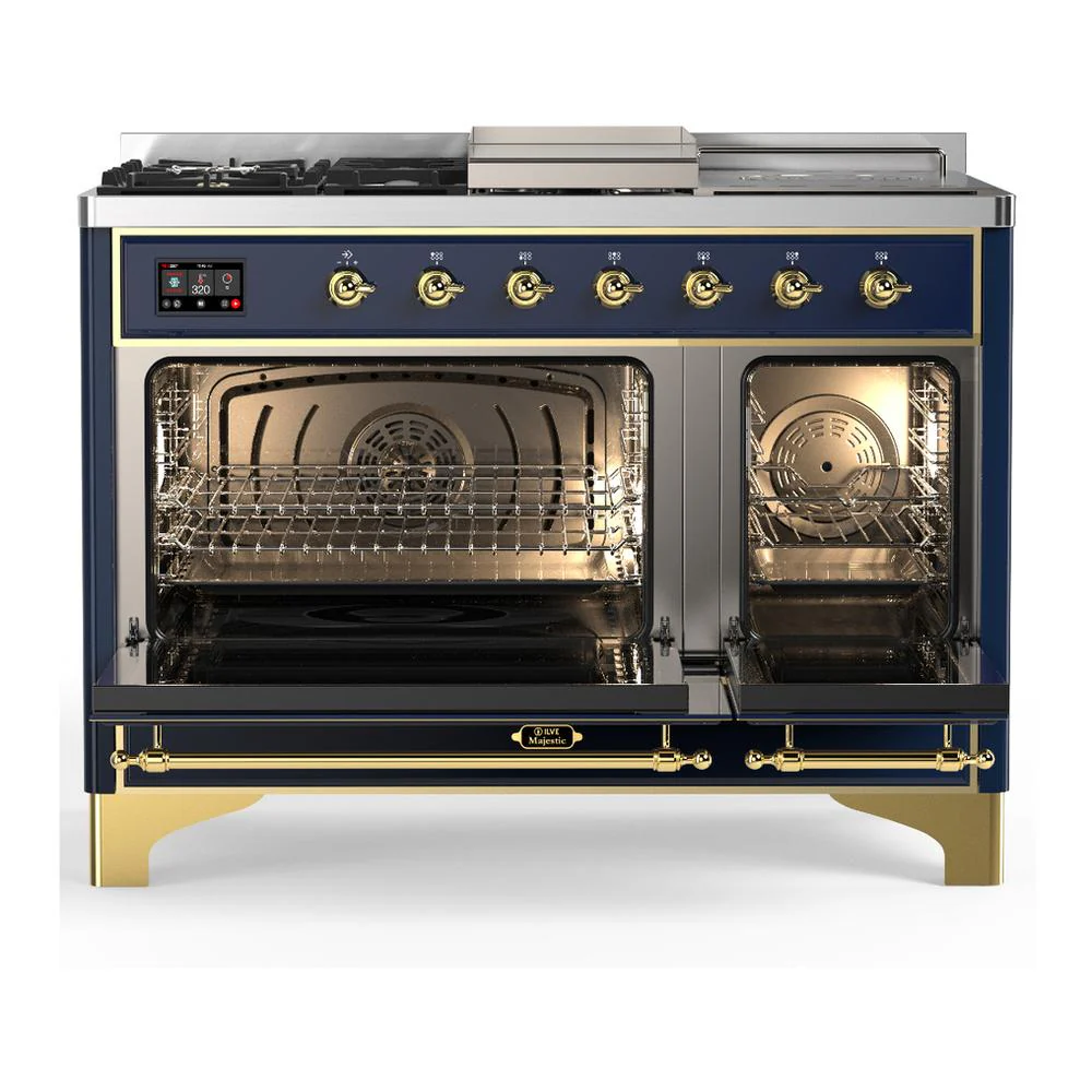 Ilve UM48FSNR3MBGLP Ilve Um48Fsnr3Mbglp Majestic Iii 48 Inch Dual Fuel Range With 5 Black Brass Burners, Griddle And French Top, Dual Function Burner Up To 25,000 Btu (Liquid Propane, Triple Glass Door, Midnight Blue, Brass) - Image 2