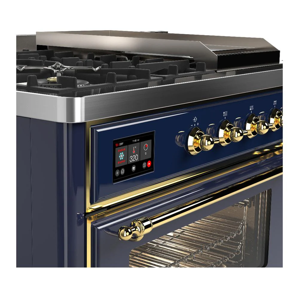 Ilve UM48FSNR3MBGLP Ilve Um48Fsnr3Mbglp Majestic Iii 48 Inch Dual Fuel Range With 5 Black Brass Burners, Griddle And French Top, Dual Function Burner Up To 25,000 Btu (Liquid Propane, Triple Glass Door, Midnight Blue, Brass) - Image 7