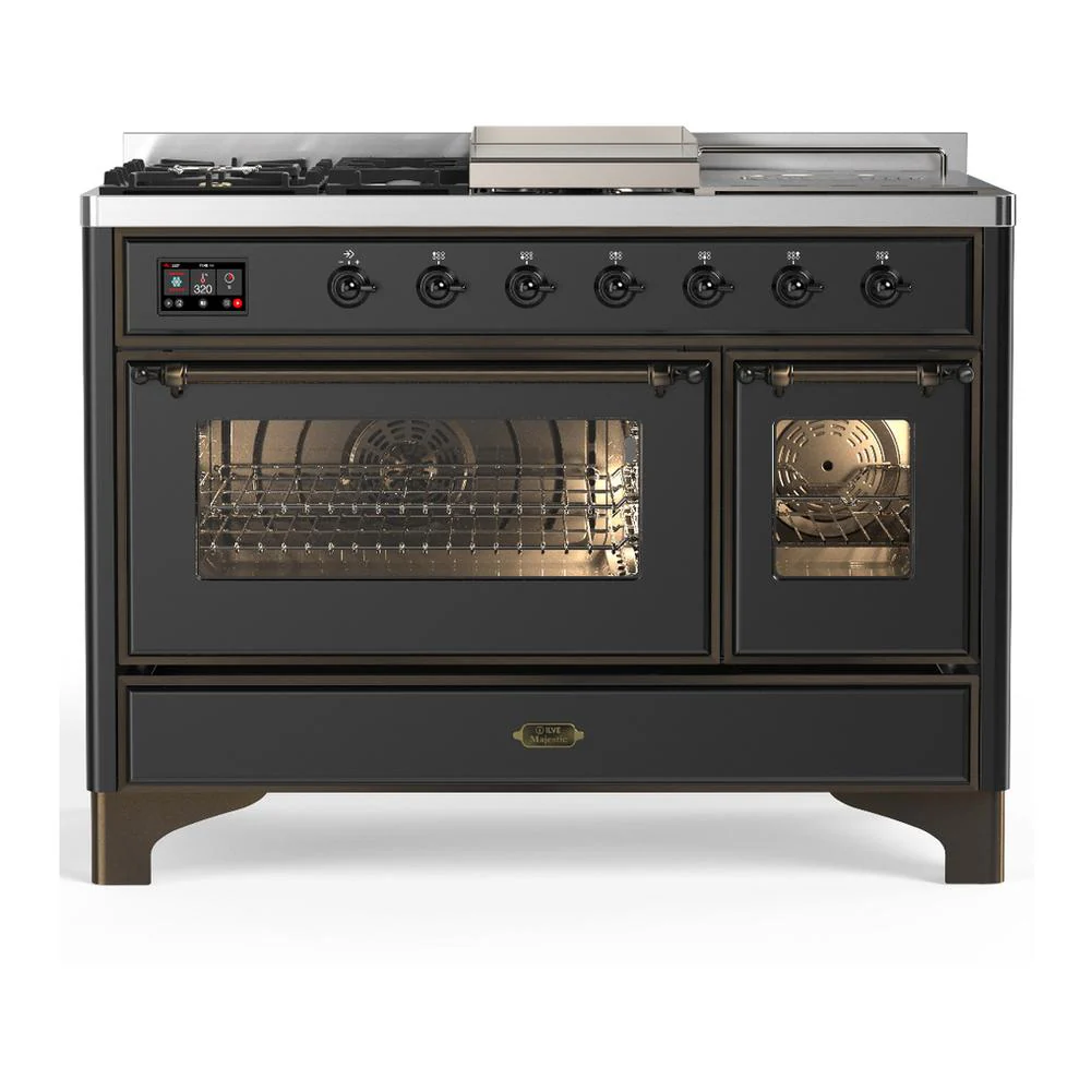 Ilve UM48FSNR3MGBLP Ilve Um48Fsnr3Mgblp Majestic Iii 48 Inch Dual Fuel Range With 5 Black Brass Burners, Griddle And French Top, Dual Function Burner Up To 25,000 Btu (Liquid Propane, Triple Glass Door, Graphite Matte, Burnished)