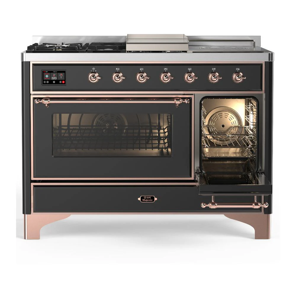 Ilve UM48FSNR3MGP Ilve Um48Fsnr3Mgp Majestic Iii 48 Inch Dual Fuel Range With 5 Black Brass Burners, Griddle And French Top, Dual Function Burner Up To 25,000 Btu (Natural Gas, Triple Glass Door, Graphite Matte, Copper) - Image 4