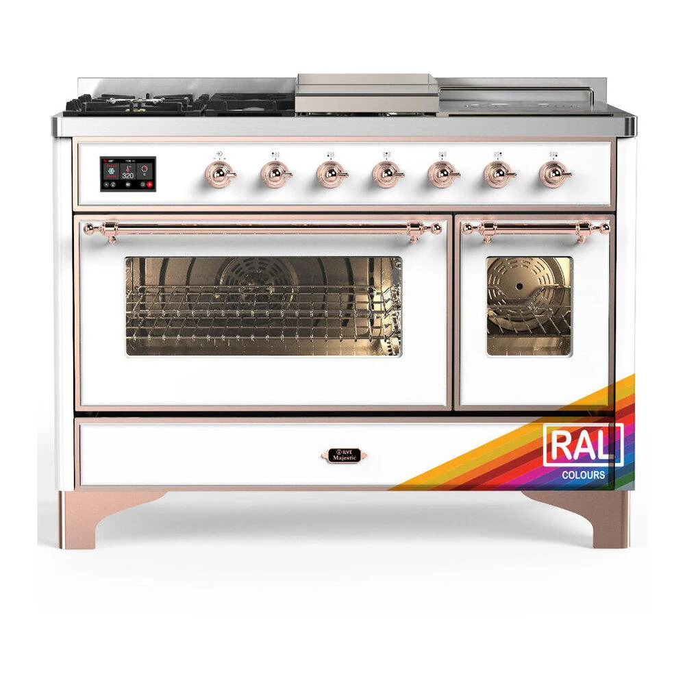Ilve UM48FSNR3RAP Ilve Um48Fsnr3Rap Majestic Iii 48 Inch Dual Fuel Range With 5 Black Brass Burners, Griddle And French Top, Dual Function Burner Up To 25,000 Btu (Natural Gas, Triple Glass Door, Ral, Copper)
