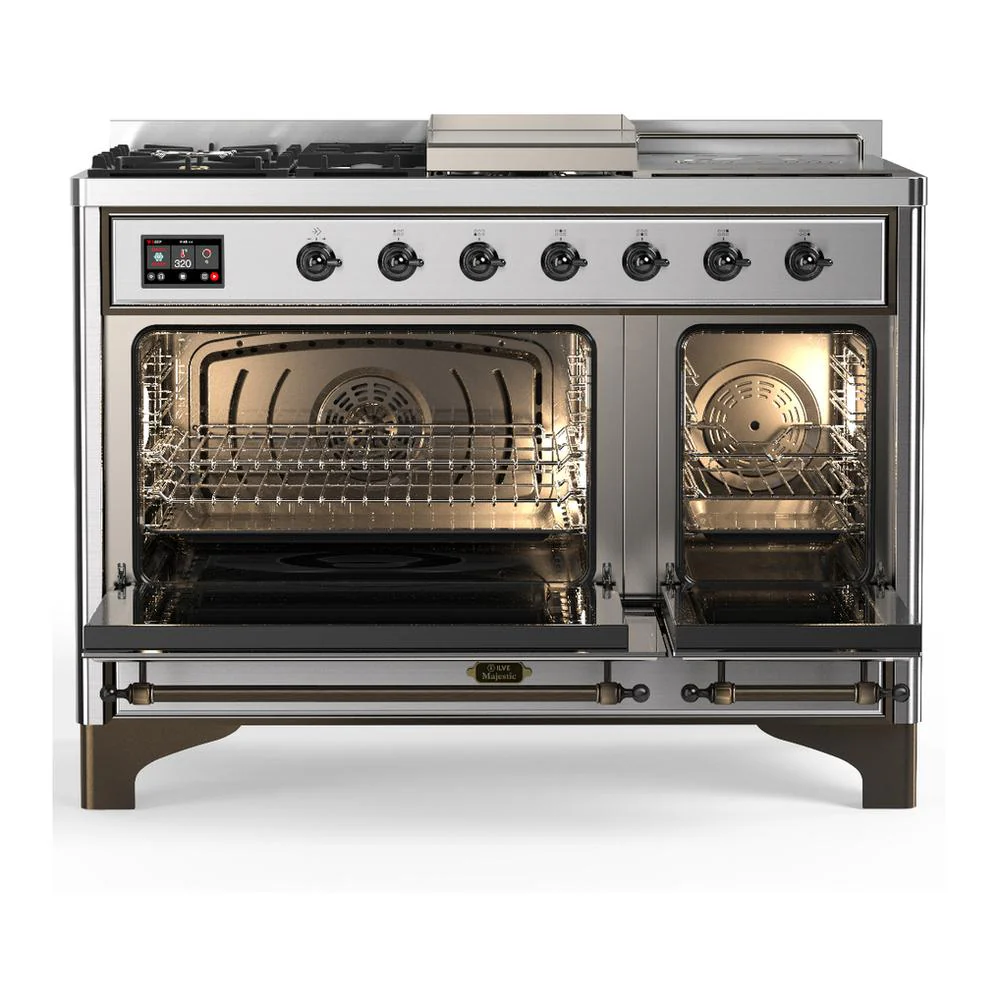 Ilve UM48FSNR3SSBLP Ilve Um48Fsnr3Ssblp Majestic Iii 48 Inch Dual Fuel Range With 5 Black Brass Burners, Griddle And French Top, Dual Function Burner Up To 25,000 Btu (Liquid Propane, Triple Glass Door, Stainless Steel, Burnished) - Image 2