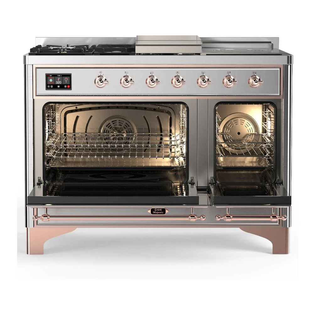 Ilve UM48FSNR3SSPLP Ilve Um48Fsnr3Ssplp Majestic Iii 48 Inch Dual Fuel Range With 5 Black Brass Burners, Griddle And French Top, Dual Function Burner Up To 25,000 Btu (Liquid Propane, Triple Glass Door, Stainless Steel, Copper) - Image 2