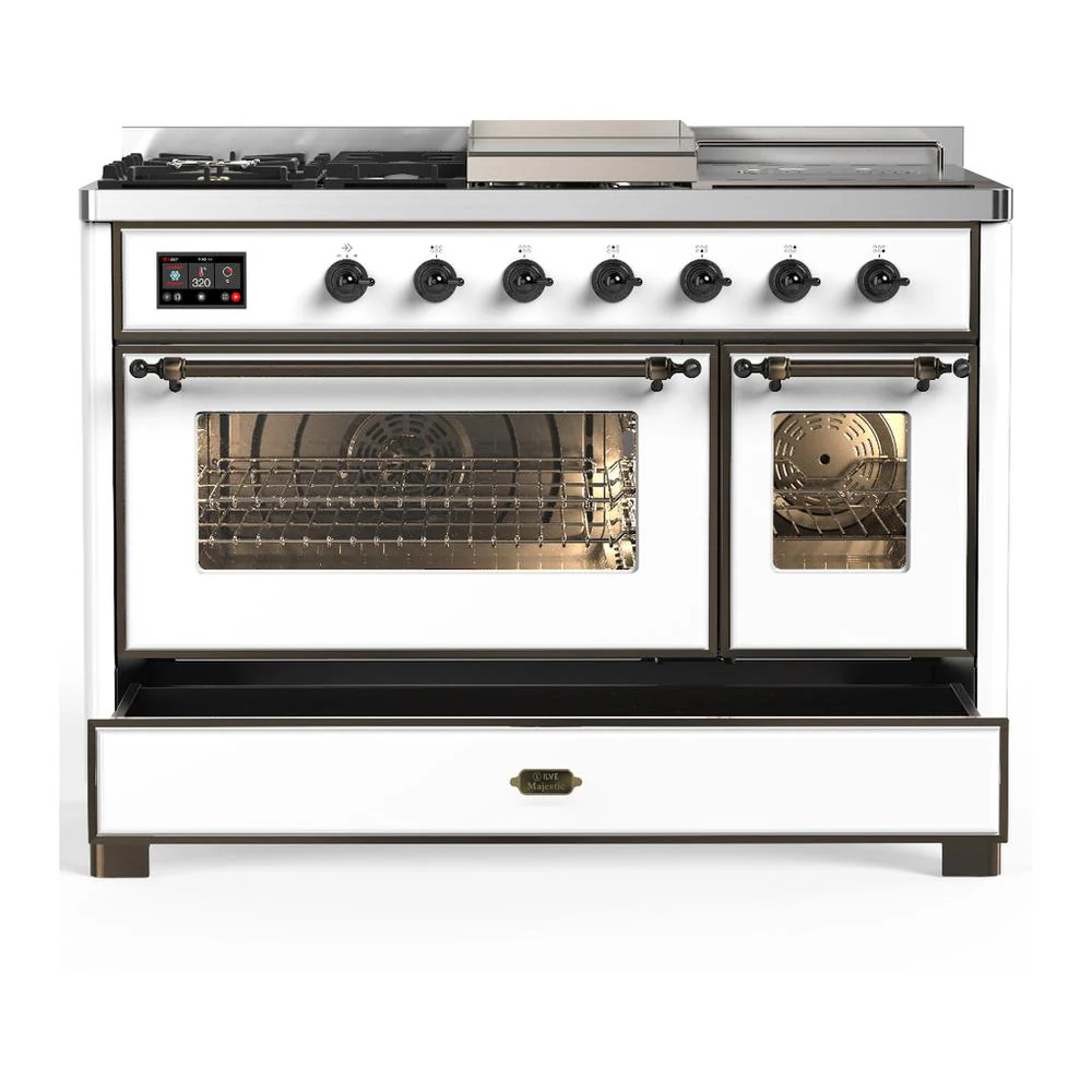 Ilve UM48FSNR3WHB Ilve Um48Fsnr3Whb Majestic Iii 48 Inch Dual Fuel Range With 5 Black Brass Burners, Griddle And French Top, Dual Function Burner Up To 25,000 Btu (Natural Gas, Triple Glass Door, White, Burnished) - Image 5