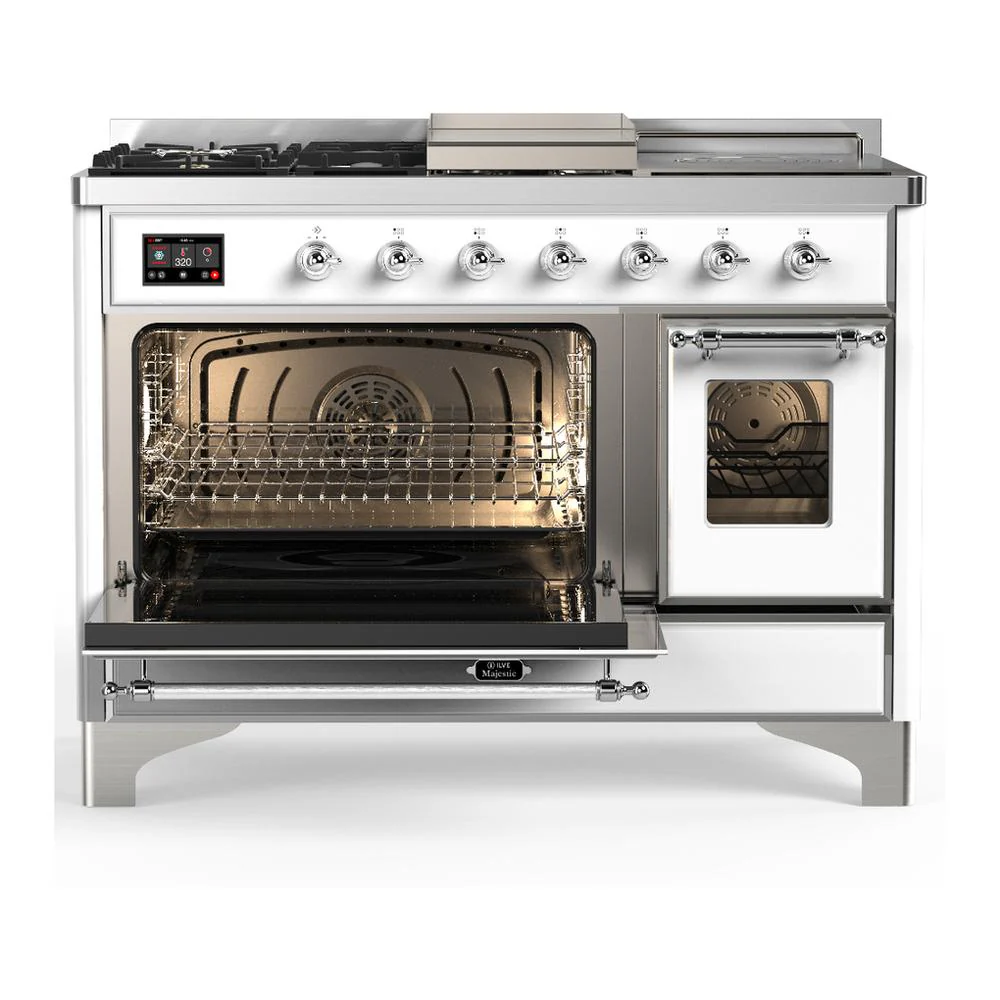 Ilve UM48FSNR3WHCLP Ilve Um48Fsnr3Whclp Majestic Iii 48 Inch Dual Fuel Range With 5 Black Brass Burners, Griddle And French Top, Dual Function Burner Up To 25,000 Btu (Liquid Propane, Triple Glass Door, White, Chrome) - Image 3