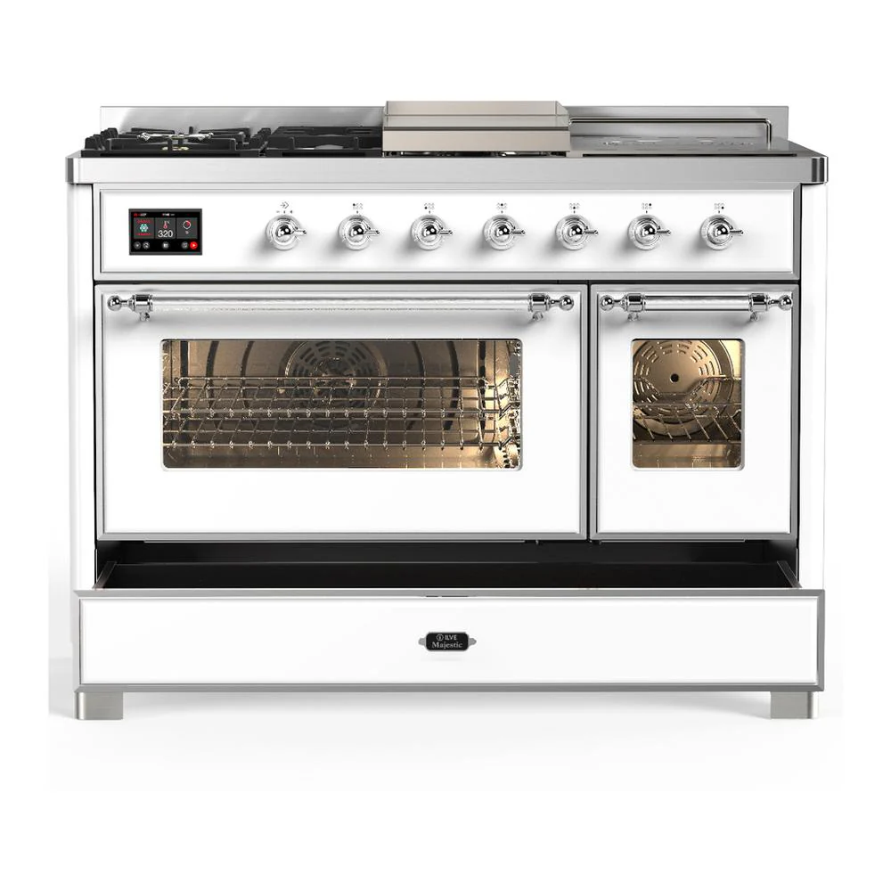 Ilve UM48FSNR3WHCLP Ilve Um48Fsnr3Whclp Majestic Iii 48 Inch Dual Fuel Range With 5 Black Brass Burners, Griddle And French Top, Dual Function Burner Up To 25,000 Btu (Liquid Propane, Triple Glass Door, White, Chrome) - Image 5