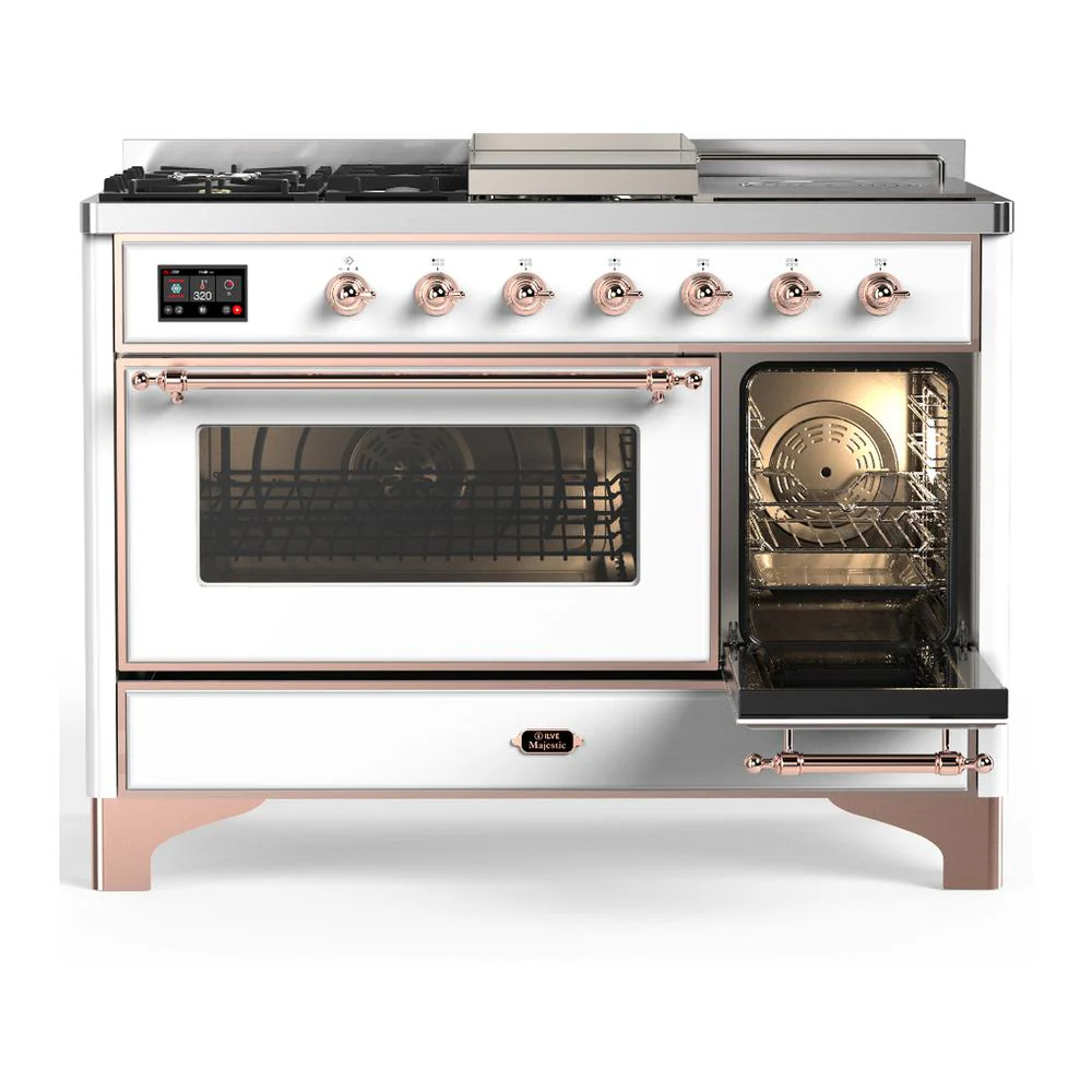 Ilve UM48FSNR3WHPLP Ilve Um48Fsnr3Whplp Majestic Iii 48 Inch Dual Fuel Range With 5 Black Brass Burners, Griddle And French Top, Dual Function Burner Up To 25,000 Btu (Liquid Propane, Triple Glass Door, White, Copper) - Image 4
