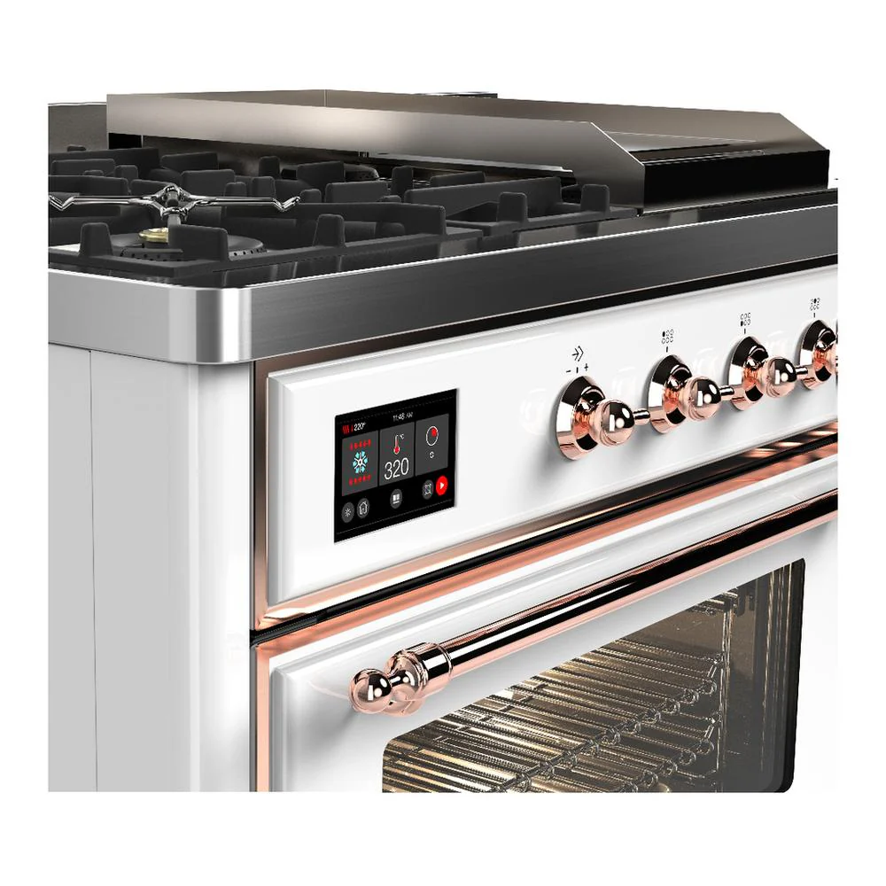 Ilve UM48FSNR3WHPLP Ilve Um48Fsnr3Whplp Majestic Iii 48 Inch Dual Fuel Range With 5 Black Brass Burners, Griddle And French Top, Dual Function Burner Up To 25,000 Btu (Liquid Propane, Triple Glass Door, White, Copper) - Image 7