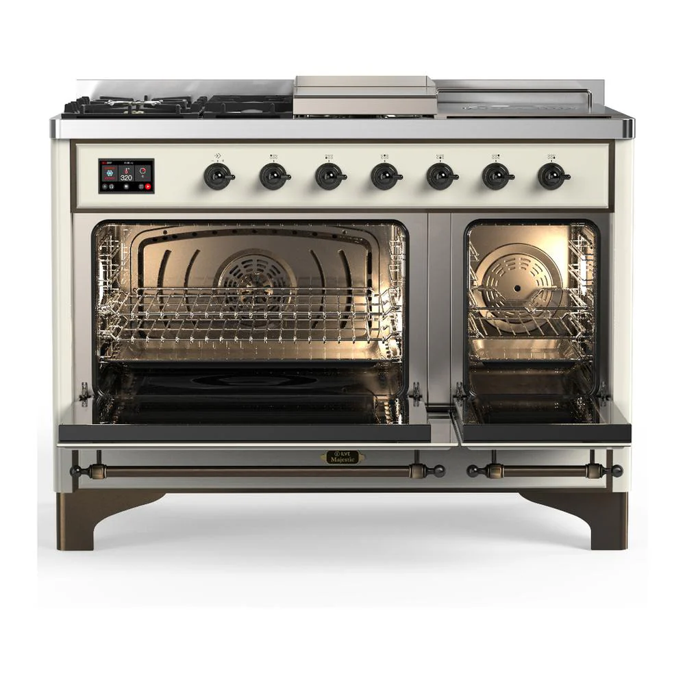 Ilve UM48FSQNR3AWB Ilve Um48Fsqnr3Awb Majestic Iii 48 Inch Dual Fuel Range With 5 Black Brass Burners, Griddle And French Top, Dual Function Burner Up To 25,000 Btu (Natural Gas, Solid Door, Antique White, Burnished) - Image 2