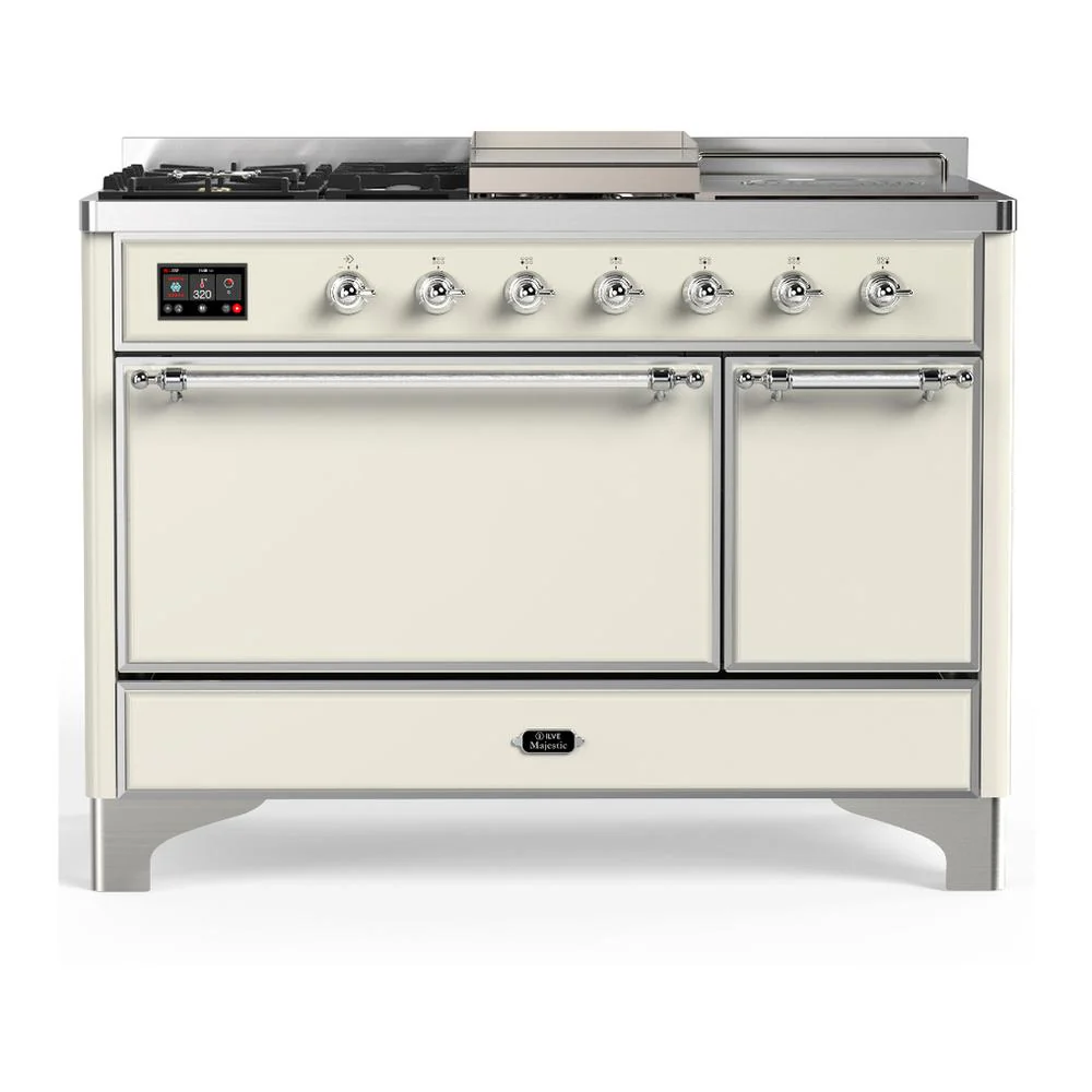 Ilve UM48FSQNR3AWC Ilve Um48Fsqnr3Awc Majestic Iii 48 Inch Dual Fuel Range With 5 Black Brass Burners, Griddle And French Top, Dual Function Burner Up To 25,000 Btu (Natural Gas, Solid Door, Antique White, Chrome)
