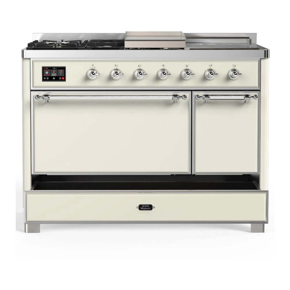 Ilve UM48FSQNR3AWC Ilve Um48Fsqnr3Awc Majestic Iii 48 Inch Dual Fuel Range With 5 Black Brass Burners, Griddle And French Top, Dual Function Burner Up To 25,000 Btu (Natural Gas, Solid Door, Antique White, Chrome) - Image 5