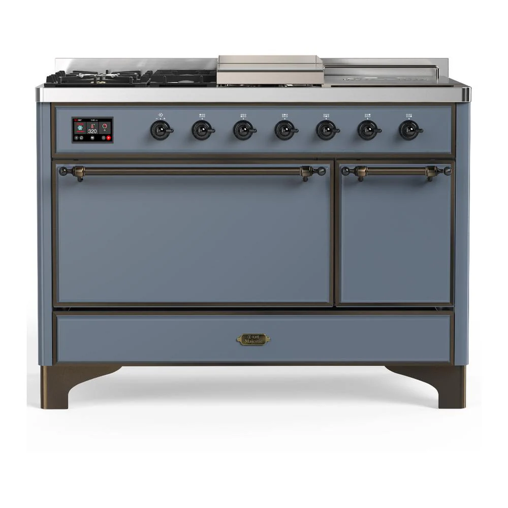 Ilve UM48FSQNR3BGBLP Ilve Um48Fsqnr3Bgblp Majestic Iii 48 Inch Dual Fuel Range With 5 Black Brass Burners, Griddle And French Top, Dual Function Burner Up To 25,000 Btu (Liquid Propane, Solid Door, Blue Grey, Burnished)