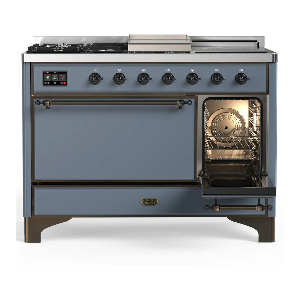 Ilve UM48FSQNR3BGBLP Ilve Um48Fsqnr3Bgblp Majestic Iii 48 Inch Dual Fuel Range With 5 Black Brass Burners, Griddle And French Top, Dual Function Burner Up To 25,000 Btu (Liquid Propane, Solid Door, Blue Grey, Burnished) - Image 4