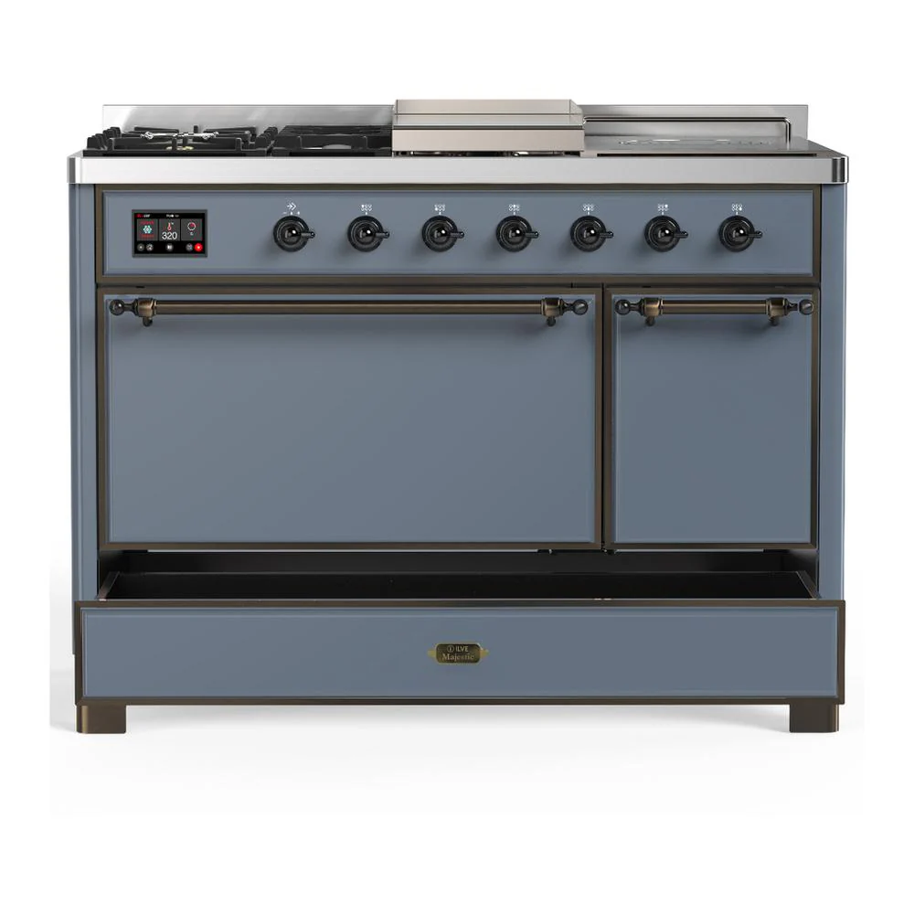 Ilve UM48FSQNR3BGBLP Ilve Um48Fsqnr3Bgblp Majestic Iii 48 Inch Dual Fuel Range With 5 Black Brass Burners, Griddle And French Top, Dual Function Burner Up To 25,000 Btu (Liquid Propane, Solid Door, Blue Grey, Burnished) - Image 5