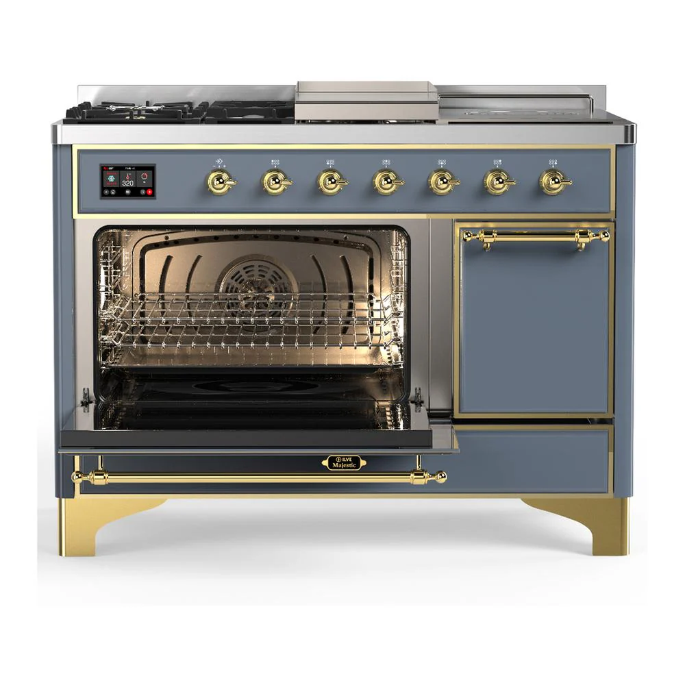 Ilve UM48FSQNR3BGG Ilve Um48Fsqnr3Bgg Majestic Iii 48 Inch Dual Fuel Range With 5 Black Brass Burners, Griddle And French Top, Dual Function Burner Up To 25,000 Btu (Natural Gas, Solid Door, Blue Grey, Brass) - Image 3
