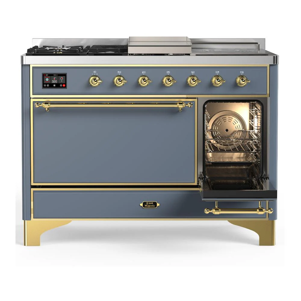 Ilve UM48FSQNR3BGGLP Ilve Um48Fsqnr3Bgglp Majestic Iii 48 Inch Dual Fuel Range With 5 Black Brass Burners, Griddle And French Top, Dual Function Burner Up To 25,000 Btu (Liquid Propane, Solid Door, Blue Grey, Brass) - Image 4