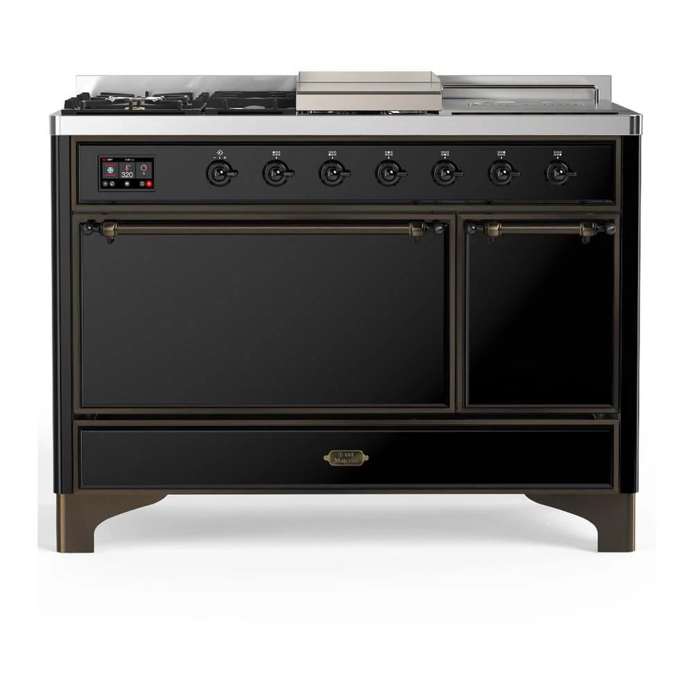 Ilve UM48FSQNR3BKB Ilve Um48Fsqnr3Bkb Majestic Iii 48 Inch Dual Fuel Range With 5 Black Brass Burners, Griddle And French Top, Dual Function Burner Up To 25,000 Btu (Natural Gas, Solid Door, Glossy Black, Burnished)