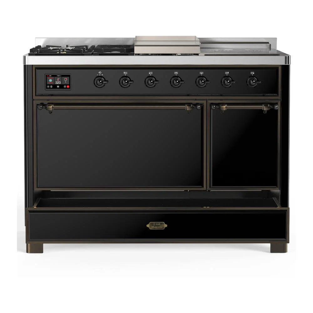 Ilve UM48FSQNR3BKB Ilve Um48Fsqnr3Bkb Majestic Iii 48 Inch Dual Fuel Range With 5 Black Brass Burners, Griddle And French Top, Dual Function Burner Up To 25,000 Btu (Natural Gas, Solid Door, Glossy Black, Burnished) - Image 5