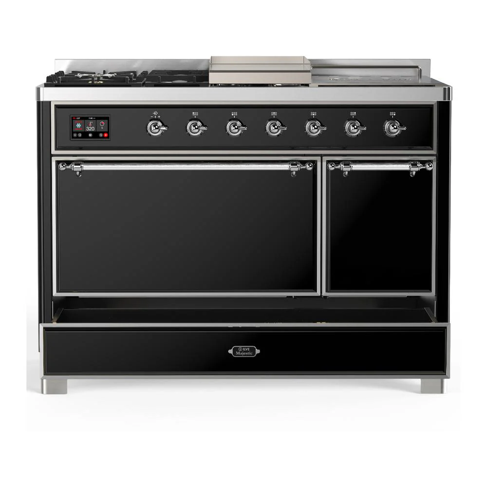 Ilve UM48FSQNR3BKC Ilve Um48Fsqnr3Bkc Majestic Iii 48 Inch Dual Fuel Range With 5 Black Brass Burners, Griddle And French Top, Dual Function Burner Up To 25,000 Btu (Natural Gas, Solid Door, Glossy Black, Chrome) - Image 5