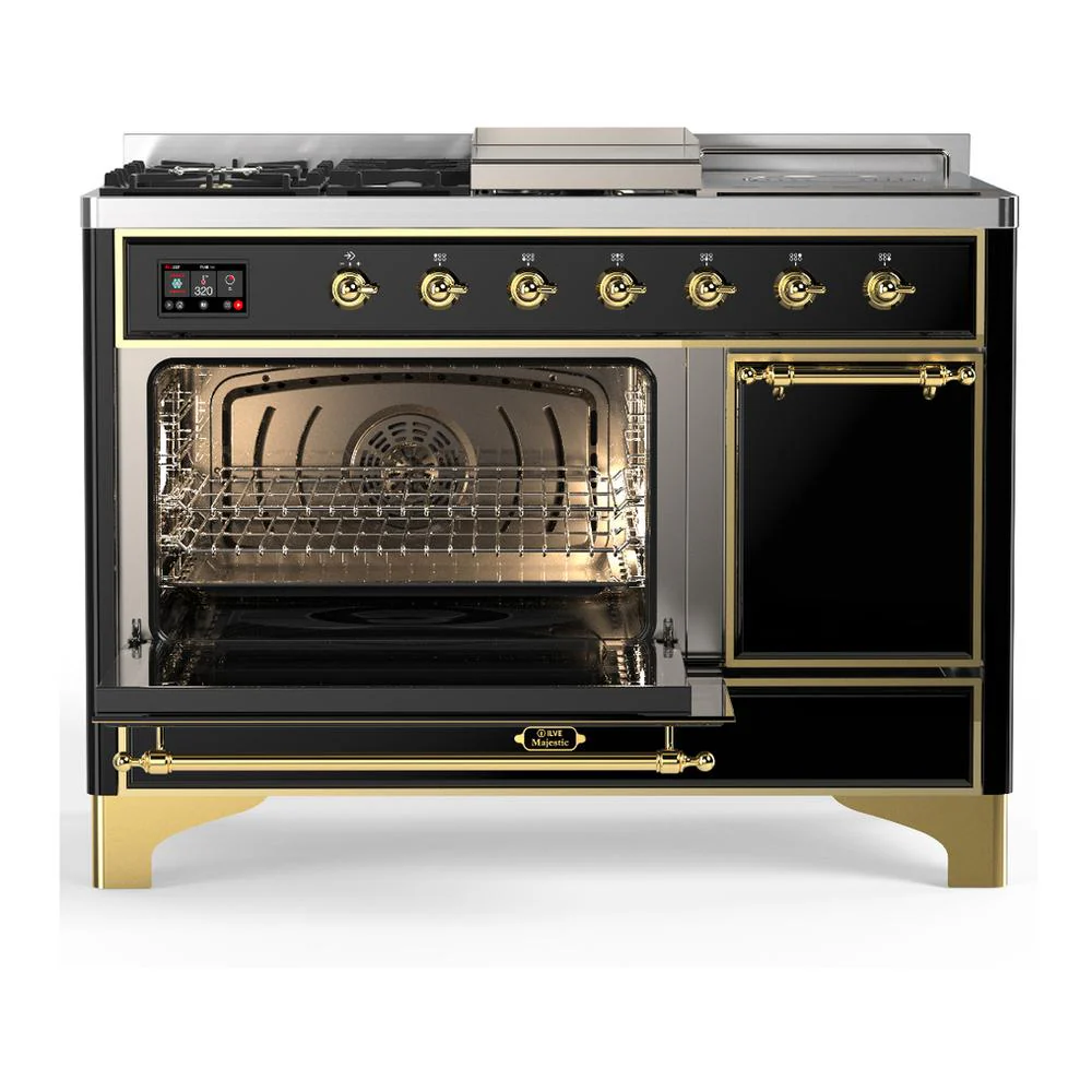 Ilve UM48FSQNR3BKGLP Ilve Um48Fsqnr3Bkglp Majestic Iii 48 Inch Dual Fuel Range With 5 Black Brass Burners, Griddle And French Top, Dual Function Burner Up To 25,000 Btu (Liquid Propane, Solid Door, Glossy Black, Brass) - Image 3