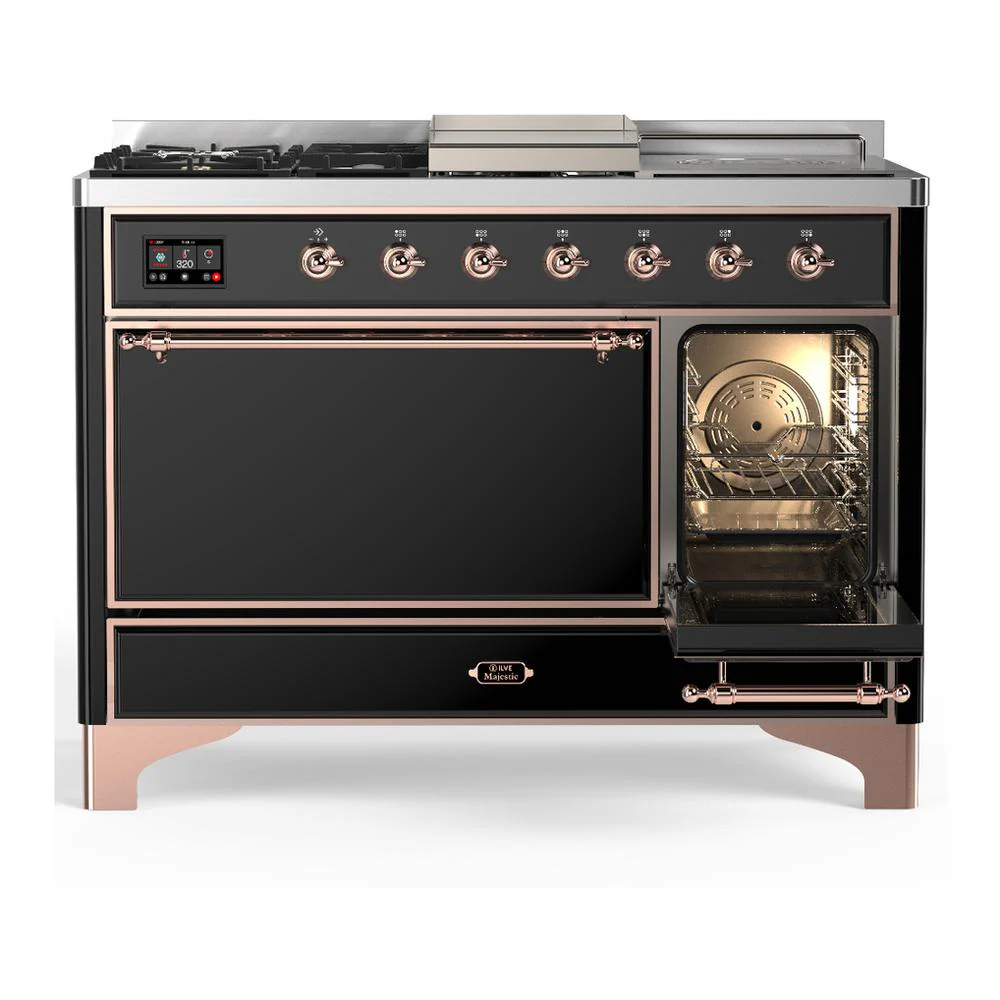 Ilve UM48FSQNR3BKP Ilve Um48Fsqnr3Bkp Majestic Iii 48 Inch Dual Fuel Range With 5 Black Brass Burners, Griddle And French Top, Dual Function Burner Up To 25,000 Btu (Natural Gas, Solid Door, Glossy Black, Copper) - Image 4