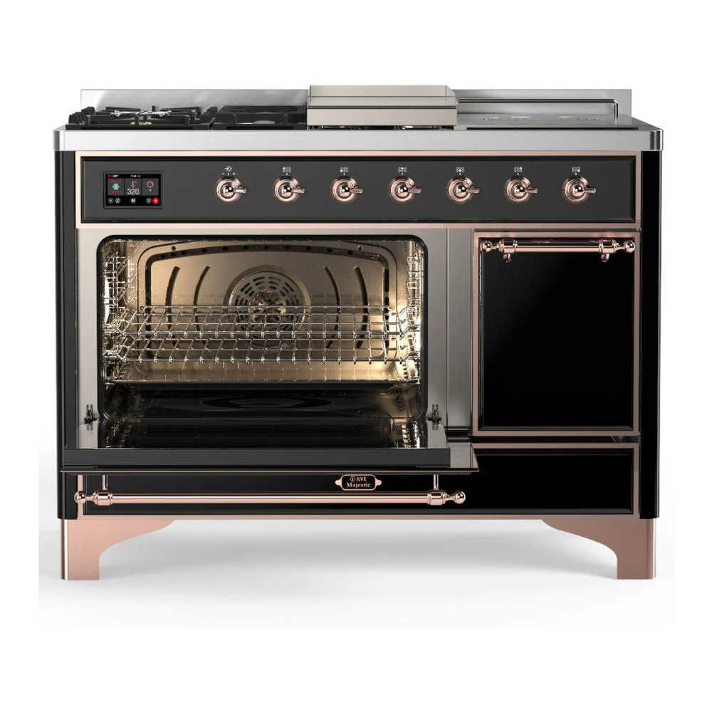 Ilve UM48FSQNR3BKPLP Ilve Um48Fsqnr3Bkplp Majestic Iii 48 Inch Dual Fuel Range With 5 Black Brass Burners, Griddle And French Top, Dual Function Burner Up To 25,000 Btu (Liquid Propane, Solid Door, Glossy Black, Copper) - Image 3