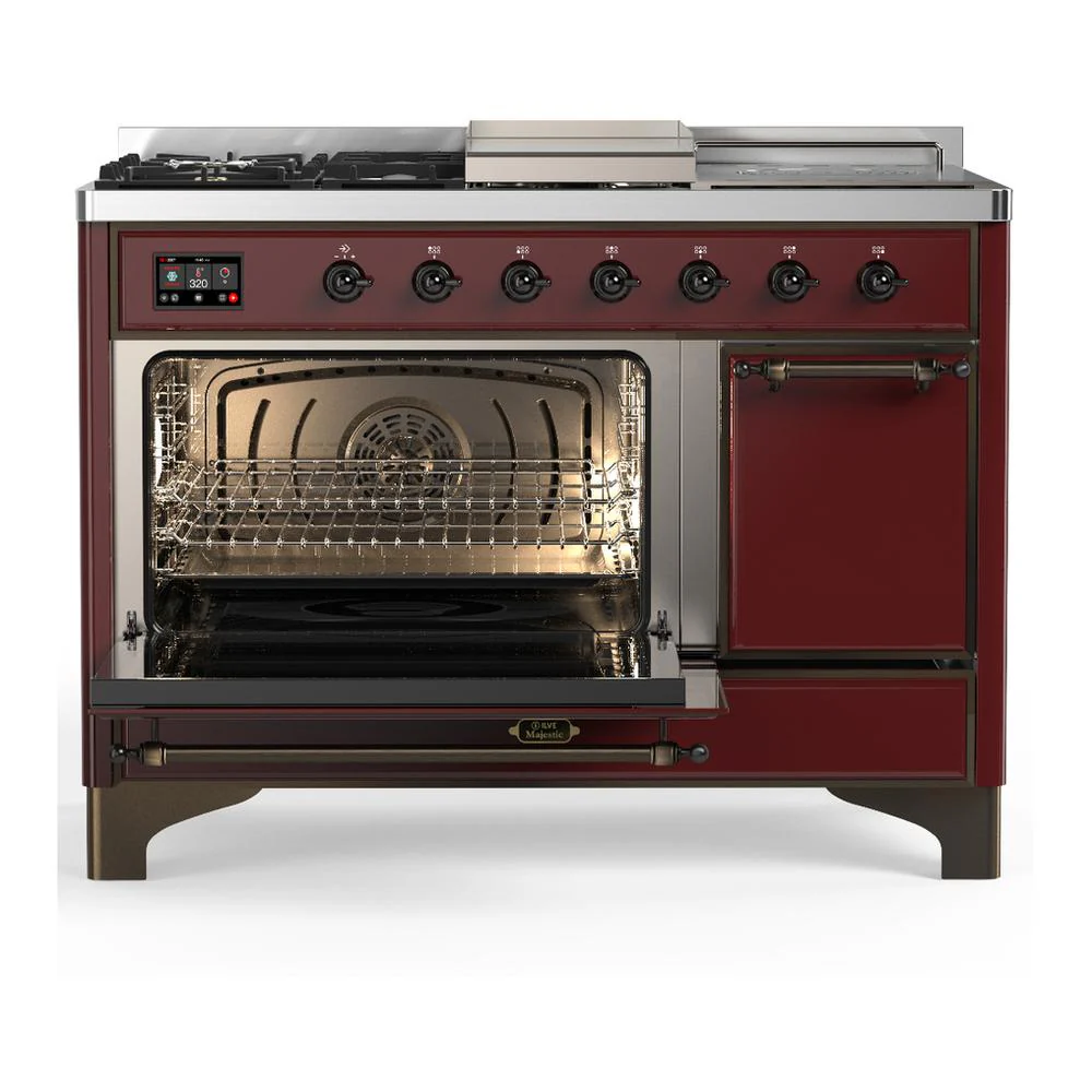 Ilve UM48FSQNR3BUB Ilve Um48Fsqnr3Bub Majestic Iii 48 Inch Dual Fuel Range With 5 Black Brass Burners, Griddle And French Top, Dual Function Burner Up To 25,000 Btu (Natural Gas, Solid Door, Burgundy, Burnished) - Image 3