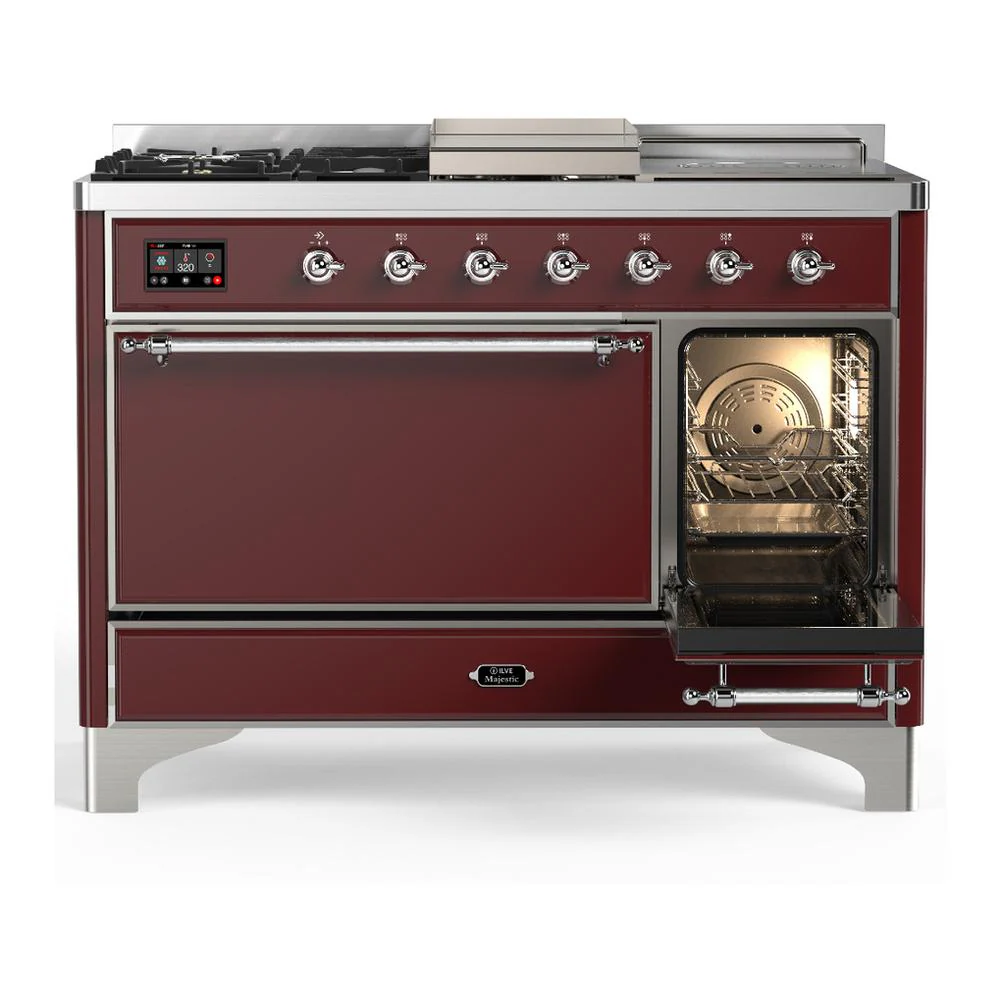 Ilve UM48FSQNR3BUC Ilve Um48Fsqnr3Buc Majestic Iii 48 Inch Dual Fuel Range With 5 Black Brass Burners, Griddle And French Top, Dual Function Burner Up To 25,000 Btu (Natural Gas, Solid Door, Burgundy, Chrome) - Image 4