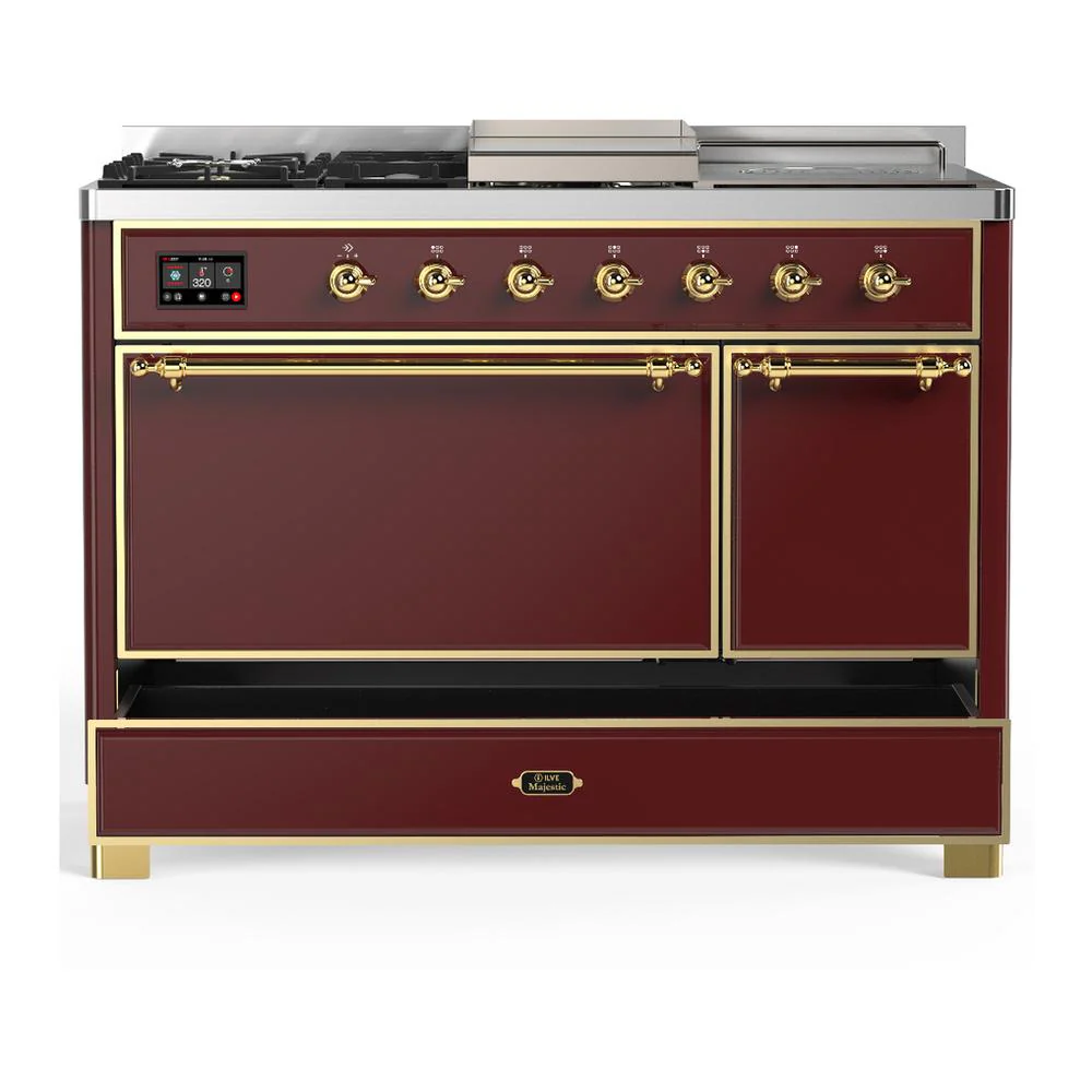 Ilve UM48FSQNR3BUGLP Ilve Um48Fsqnr3Buglp Majestic Iii 48 Inch Dual Fuel Range With 5 Black Brass Burners, Griddle And French Top, Dual Function Burner Up To 25,000 Btu (Liquid Propane, Solid Door, Burgundy, Brass) - Image 5