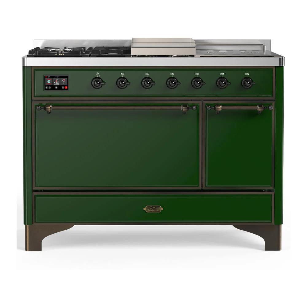 Ilve UM48FSQNR3EGB Ilve Um48Fsqnr3Egb Majestic Iii 48 Inch Dual Fuel Range With 5 Black Brass Burners, Griddle And French Top, Dual Function Burner Up To 25,000 Btu (Natural Gas, Solid Door, Emerald Green, Burnished)