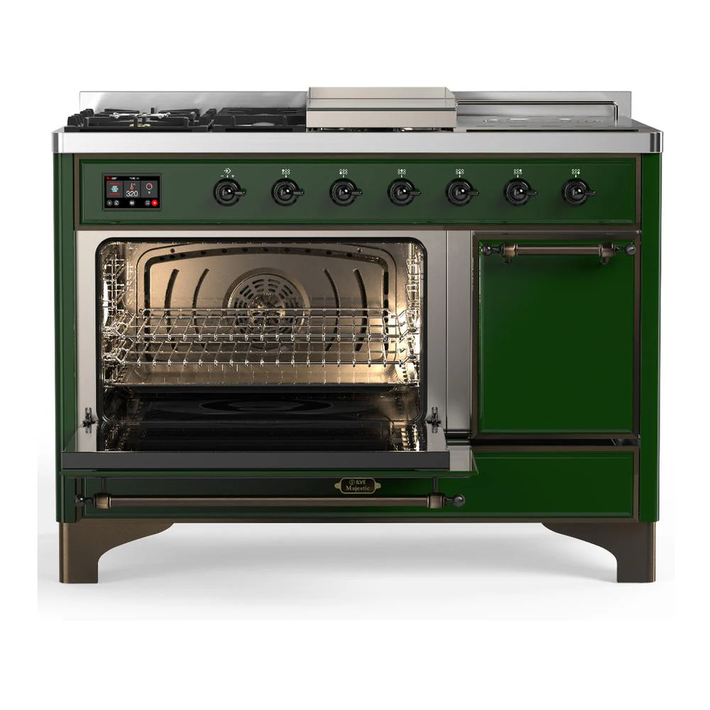 Ilve UM48FSQNR3EGBLP Ilve Um48Fsqnr3Egblp Majestic Iii 48 Inch Dual Fuel Range With 5 Black Brass Burners, Griddle And French Top, Dual Function Burner Up To 25,000 Btu (Liquid Propane, Solid Door, Emerald Green, Burnished) - Image 3