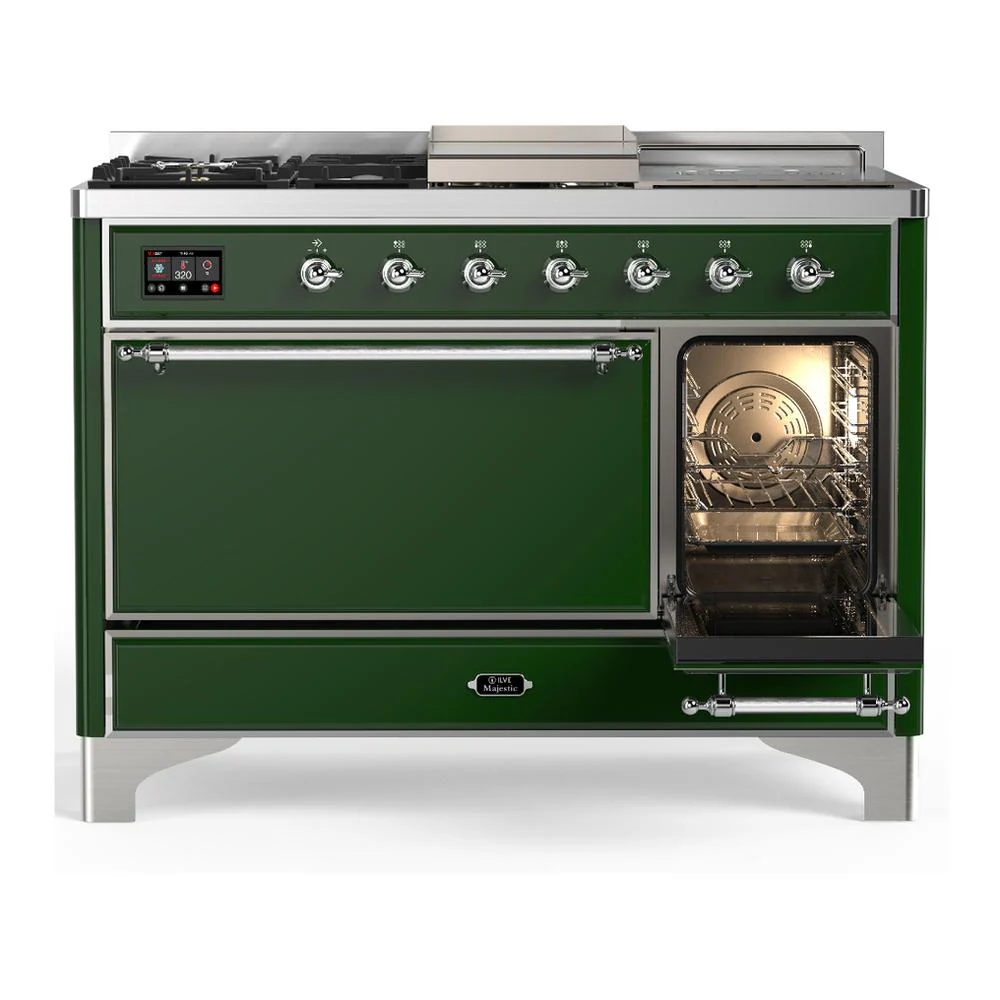 Ilve UM48FSQNR3EGC Ilve Um48Fsqnr3Egc Majestic Iii 48 Inch Dual Fuel Range With 5 Black Brass Burners, Griddle And French Top, Dual Function Burner Up To 25,000 Btu (Natural Gas, Solid Door, Emerald Green, Chrome) - Image 4