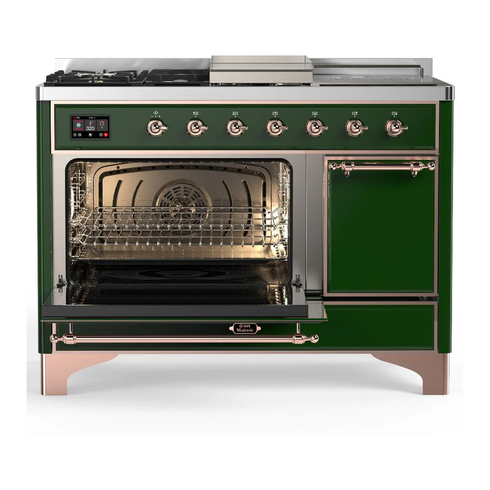 Ilve UM48FSQNR3EGPLP Ilve Um48Fsqnr3Egplp Majestic Iii 48 Inch Dual Fuel Range With 5 Black Brass Burners, Griddle And French Top, Dual Function Burner Up To 25,000 Btu (Liquid Propane, Solid Door, Emerald Green, Copper) - Image 3