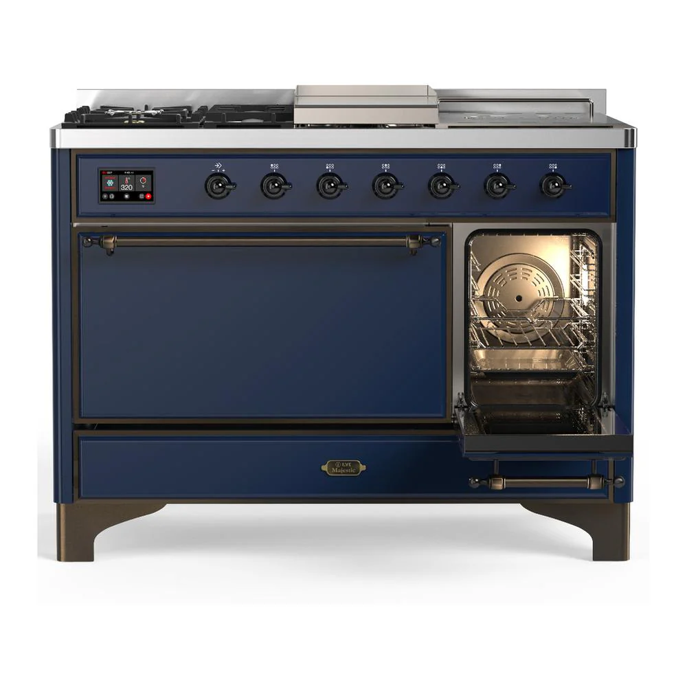 Ilve UM48FSQNR3MBB Ilve Um48Fsqnr3Mbb Majestic Iii 48 Inch Dual Fuel Range With 5 Black Brass Burners, Griddle And French Top, Dual Function Burner Up To 25,000 Btu (Natural Gas, Solid Door, Midnight Blue, Burnished) - Image 4